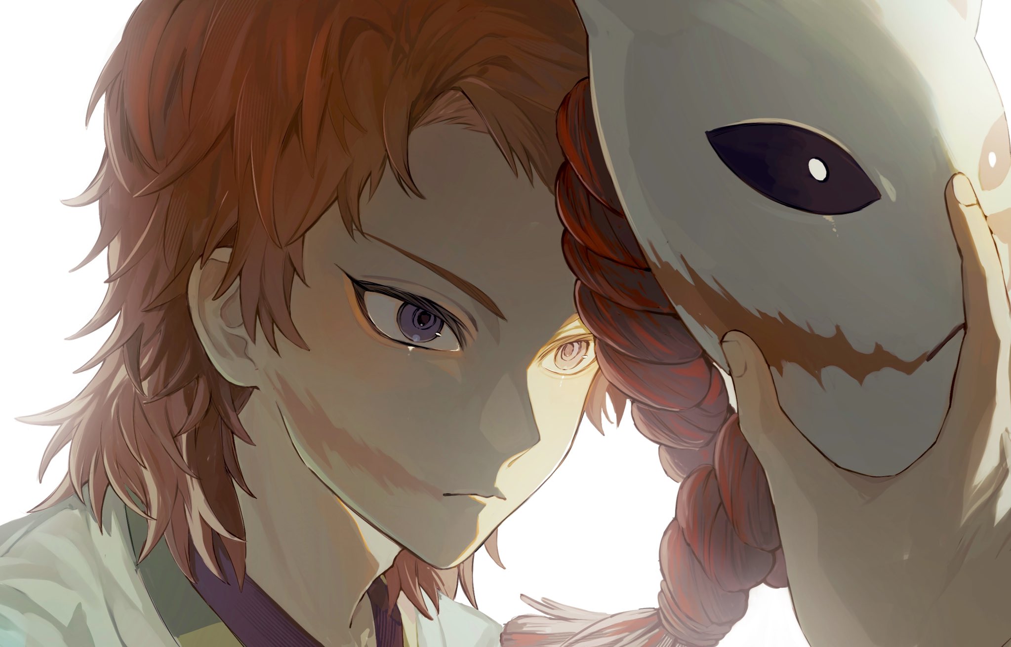 yuui. (merefuseka), sabito (kimetsu), kimetsu no yaiba, highres, 1boy, closed mouth, facial scar, fox mask, haori, holding, holding mask, japanese clothes, kikkoumon, kimono, long hair, male focus, mask, orange hair, print kimono, purple eyes, scar, scar on cheek, scar on face, simple background, solo, upper body, white background, white haori