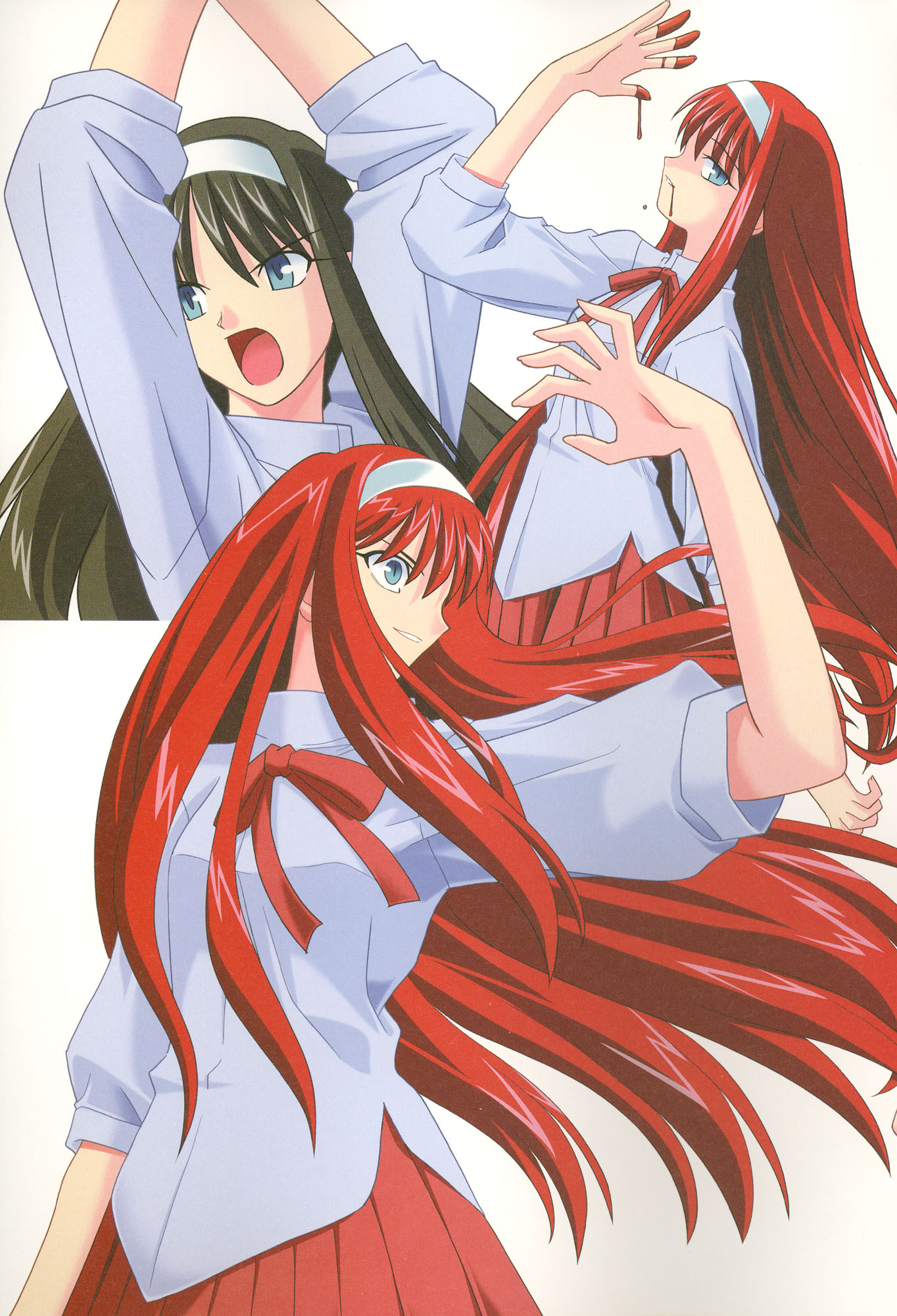 takeuchi takashi, tohno akiha, vermillion akiha, melty blood, tsukihime, type-moon, highres, scan, 00s, black hair, blood, blue eyes, long hair, red hair