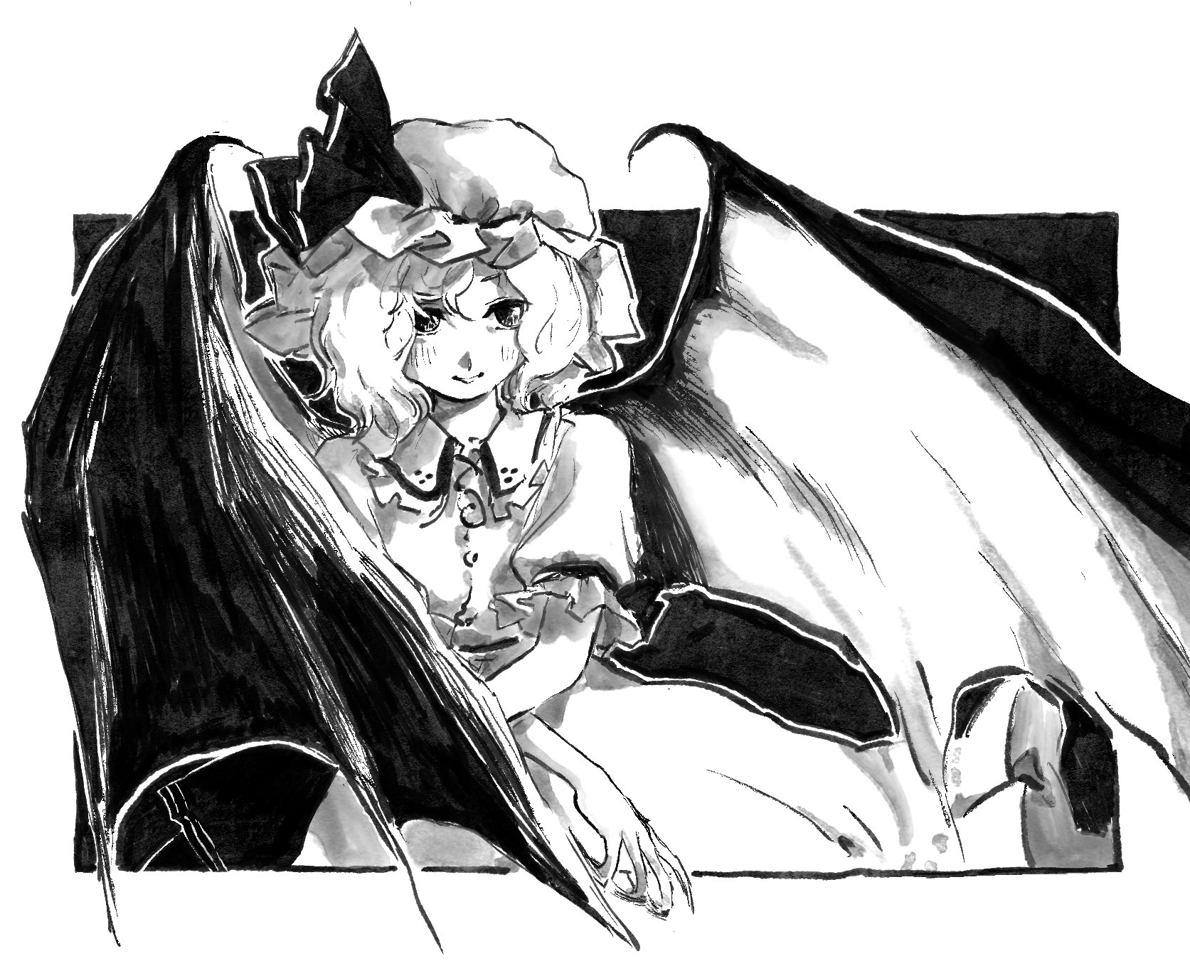 ra9gaki 22ki, remilia scarlet, touhou, highres, 1girl, bat wings, blush, closed mouth, dress, hat, mob cap, monochrome, parted bangs, short sleeves, smile, solo, vampire, wavy hair, white dress, wings