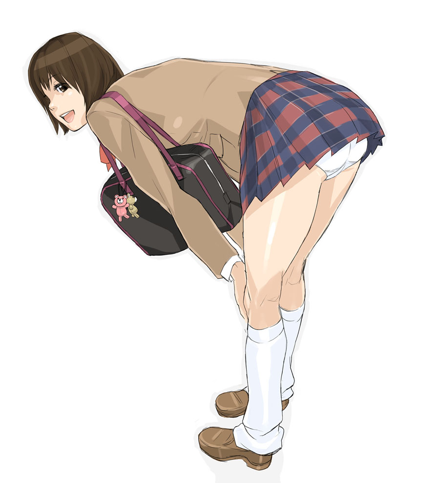 mama (mama hiro), bad id, bad pixiv id, 1girl, ass, bag, bent over, brown eyes, brown hair, female focus, hands on own knees, kneepits, loose socks, panties, pantyshot, plaid clothes, plaid skirt, school uniform, serafuku, short hair, skirt, socks, solo, underwear, upskirt, white panties