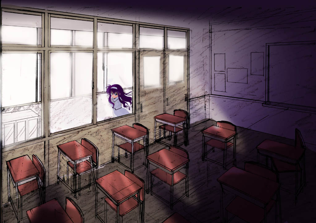 ryuu-tan (miuron), tsukimura suzuka, lyrical nanoha, mahou shoujo lyrical nanoha, 00s, 1girl, black hair, classroom, day, desk, dust, female focus, floating, glass, indoors, light rays, long hair, running, school, sliding doors, solo, sunlight, upper body, window