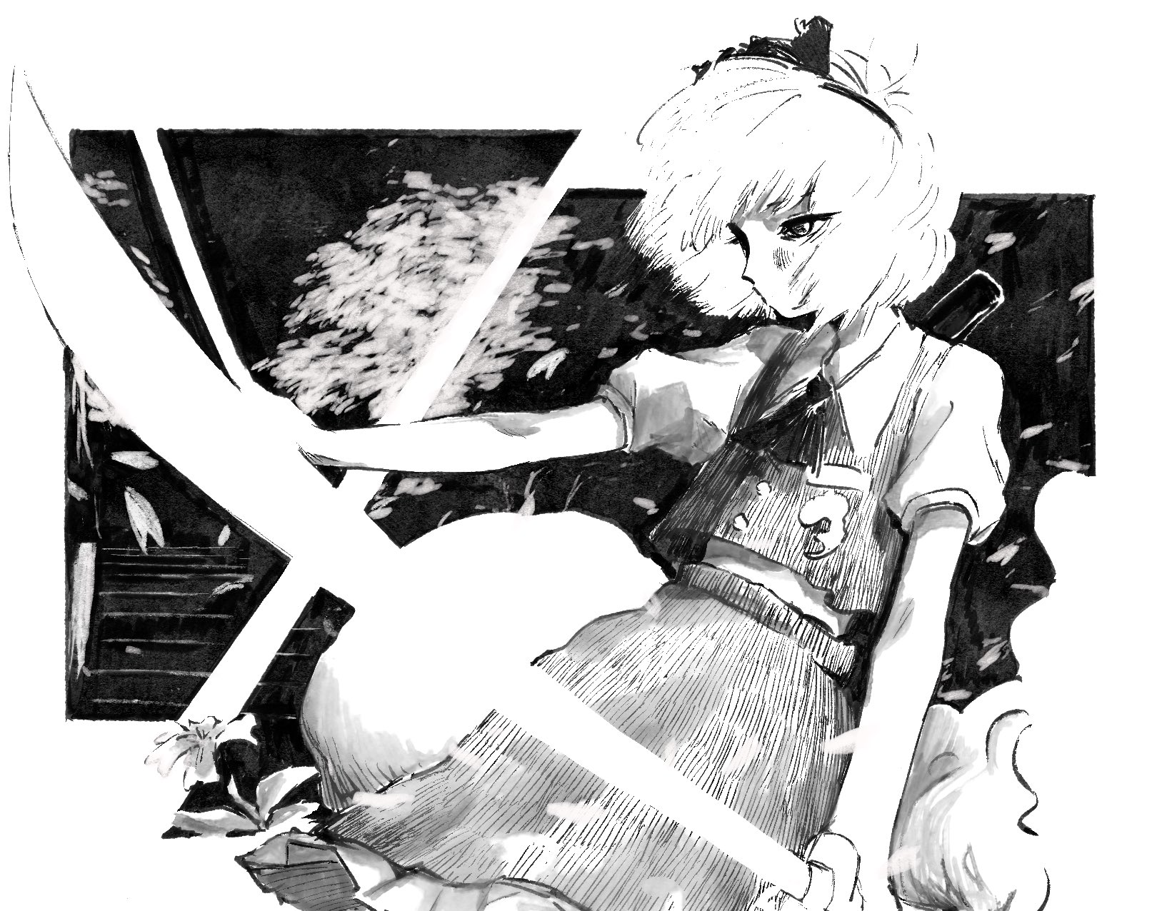ra9gaki 22ki, konpaku youmu, konpaku youmu (ghost), touhou, commentary request, highres, 1girl, black neckerchief, cherry blossoms, dual wielding, expressionless, falling petals, flower, hairband, holding, holding sword, holding weapon, looking to the side, medium hair, monochrome, neckerchief, no mouth, petals, shirt, short sleeves, skirt, solo, sword, vest, weapon, white hair, white shirt