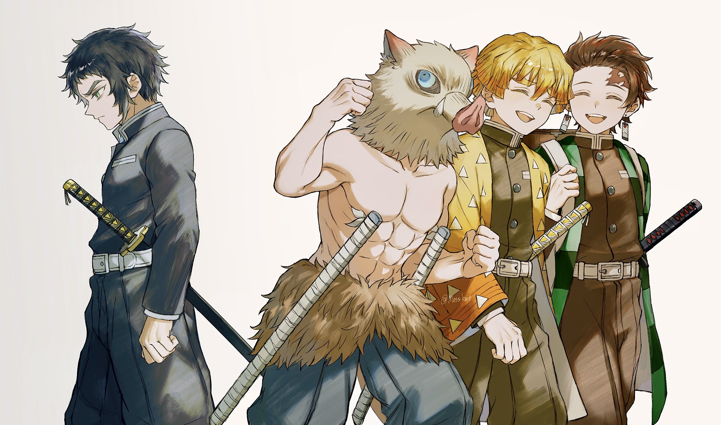mosskmt, agatsuma zenitsu, hashibira inosuke, kaigaku, kamado tanjirou, kimetsu no yaiba, highres, 4boys, abs, belt, black jacket, black pants, blonde hair, blue eyes, boar mask, brown hair, buttons, checkered haori, clenched hands, closed mouth, demon slayer uniform, hand up, haori, high collar, jacket, japanese clothes, katana, male focus, multiple boys, muscular, muscular male, open mouth, pants, print haori, profile, short hair, smile, spiked hair, sword, teeth, triangle print, upper teeth only, walking, weapon, white belt