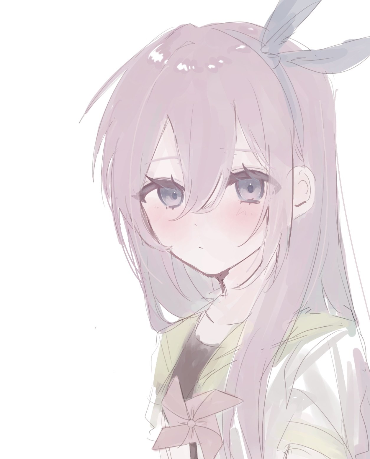 aubrey (faraway) (omori), aubrey (omori), omori, commentary, highres, symbol-only commentary, 1girl, black shirt, blush, bow hairband, closed mouth, collarbone, cropped shoulders, double-parted bangs, expressionless, grey eyes, grey hairband, hair between eyes, hair over shoulder, hairband, jacket, long hair, looking at viewer, nikkori 0212, open clothes, open jacket, pale skin, pink hair, pinwheel, sailor collar, shirt, simple background, solo, straight hair, white background, white jacket, yellow sailor collar