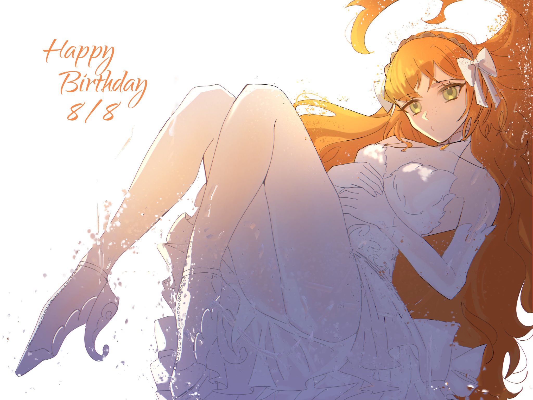 02kf, ishmael (project moon), limbus company, project moon, highres, 1girl, alternate costume, ballet slippers, bow, brown hairband, dress, elbow gloves, freckles, full body, gloves, green eyes, hair bow, hairband, happy birthday, long hair, looking at viewer, orange hair, shoes, simple background, sitting, solo, thighs, white background, white bow, white dress, white gloves, white shoes