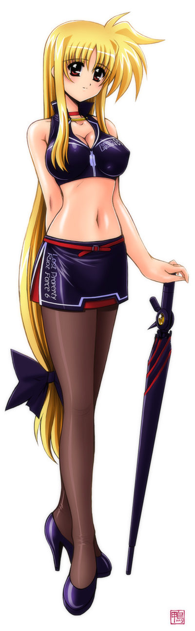kamogawa tanuki, bardiche (nanoha), fate testarossa, lyrical nanoha, mahou shoujo lyrical nanoha, mahou shoujo lyrical nanoha strikers, highres, long image, tall image, 00s, 1girl, alternate weapon, blonde hair, blush, breasts, brown pantyhose, cleavage, closed umbrella, crossed legs, female focus, high heels, long hair, low-tied long hair, medium breasts, midriff, miniskirt, pantyhose, pencil skirt, planted, planted umbrella, race queen, red eyes, shoes, skirt, solo, umbrella, very long hair, watson cross, weapon