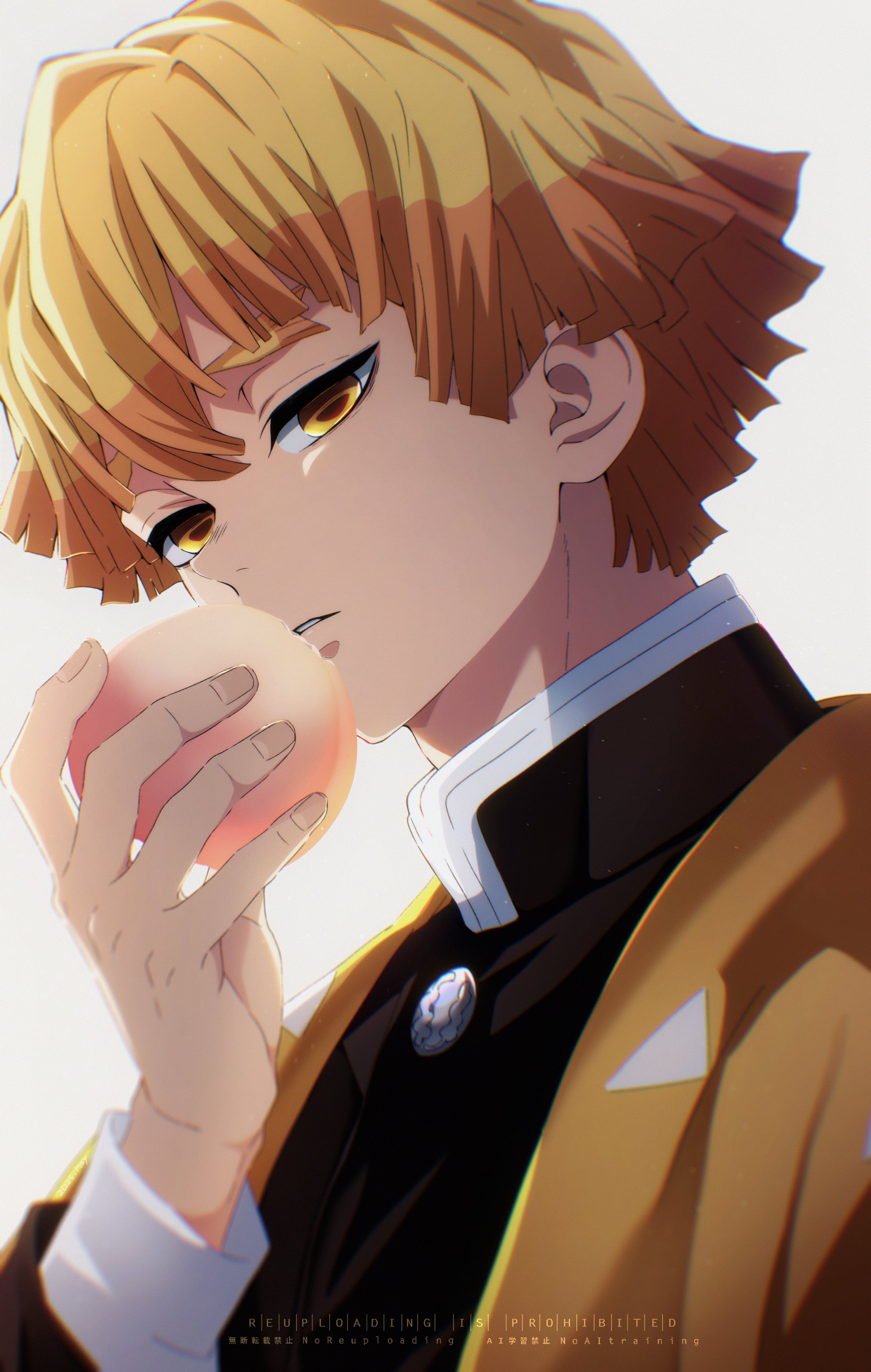 may (illust man 2020), agatsuma zenitsu, kimetsu no yaiba, absurdres, highres, 1boy, black jacket, blonde hair, demon slayer uniform, food, fruit, hand up, haori, high collar, holding, holding food, holding fruit, jacket, japanese clothes, looking at viewer, male focus, parted lips, print haori, short hair, simple background, solo, teeth, white background, yellow eyes, yellow haori