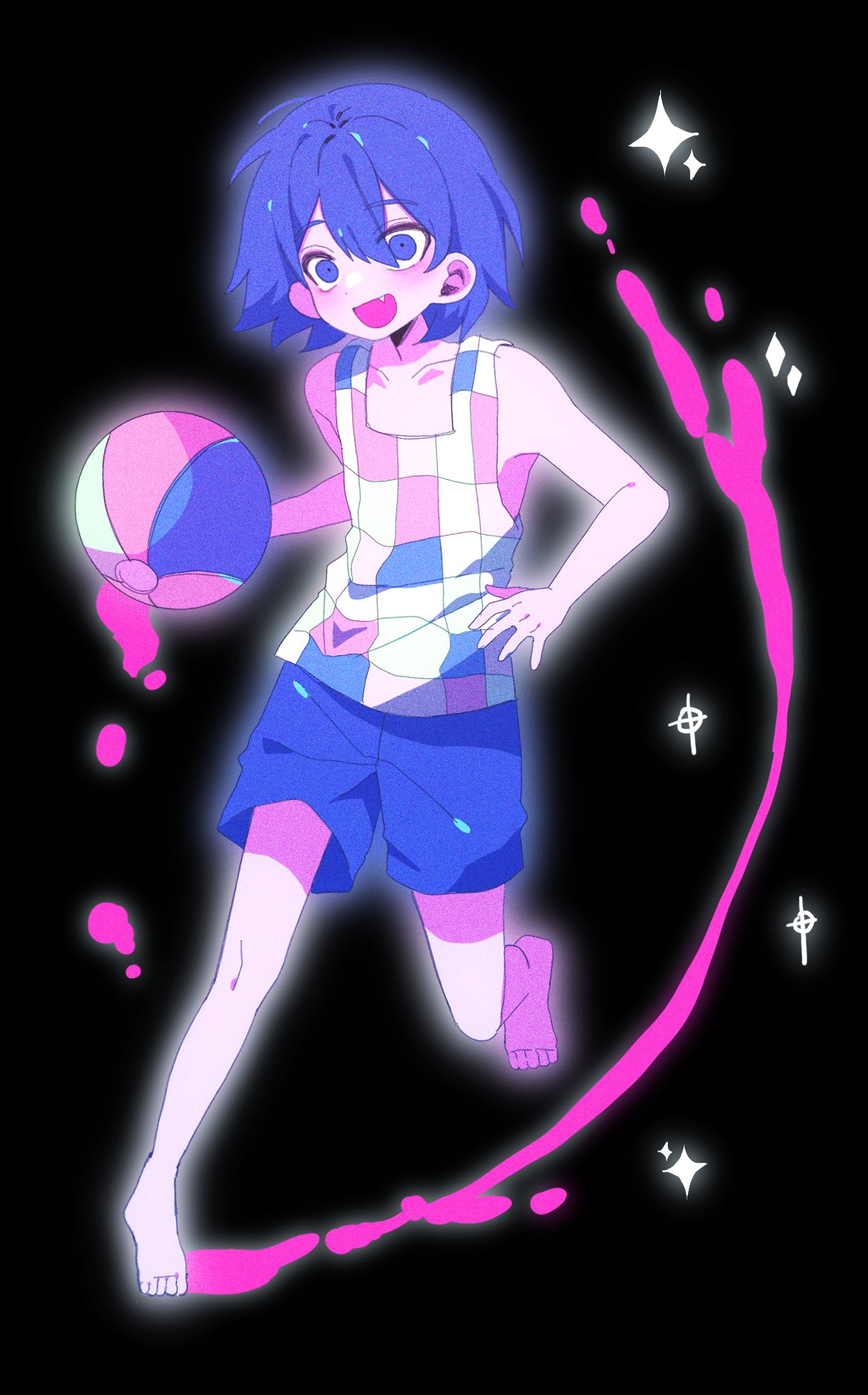 my loleeta, kel (headspace) (omori), kel (omori), omori, commentary, english commentary, highres, 1boy, :d, ball, bare arms, bare legs, bare shoulders, barefoot, beachball, black background, blood, blush, checkered clothes, checkered shirt, double-parted bangs, fang, film grain, grey outline, hair behind ear, hair between eyes, holding, holding ball, holding beachball, male focus, open mouth, outline, pink blood, pink shirt, purple eyes, purple hair, purple shirt, purple shorts, shirt, short hair, shorts, simple background, sleeveless, sleeveless shirt, smile, solo, sparkle, toes, white shirt, wide-eyed
