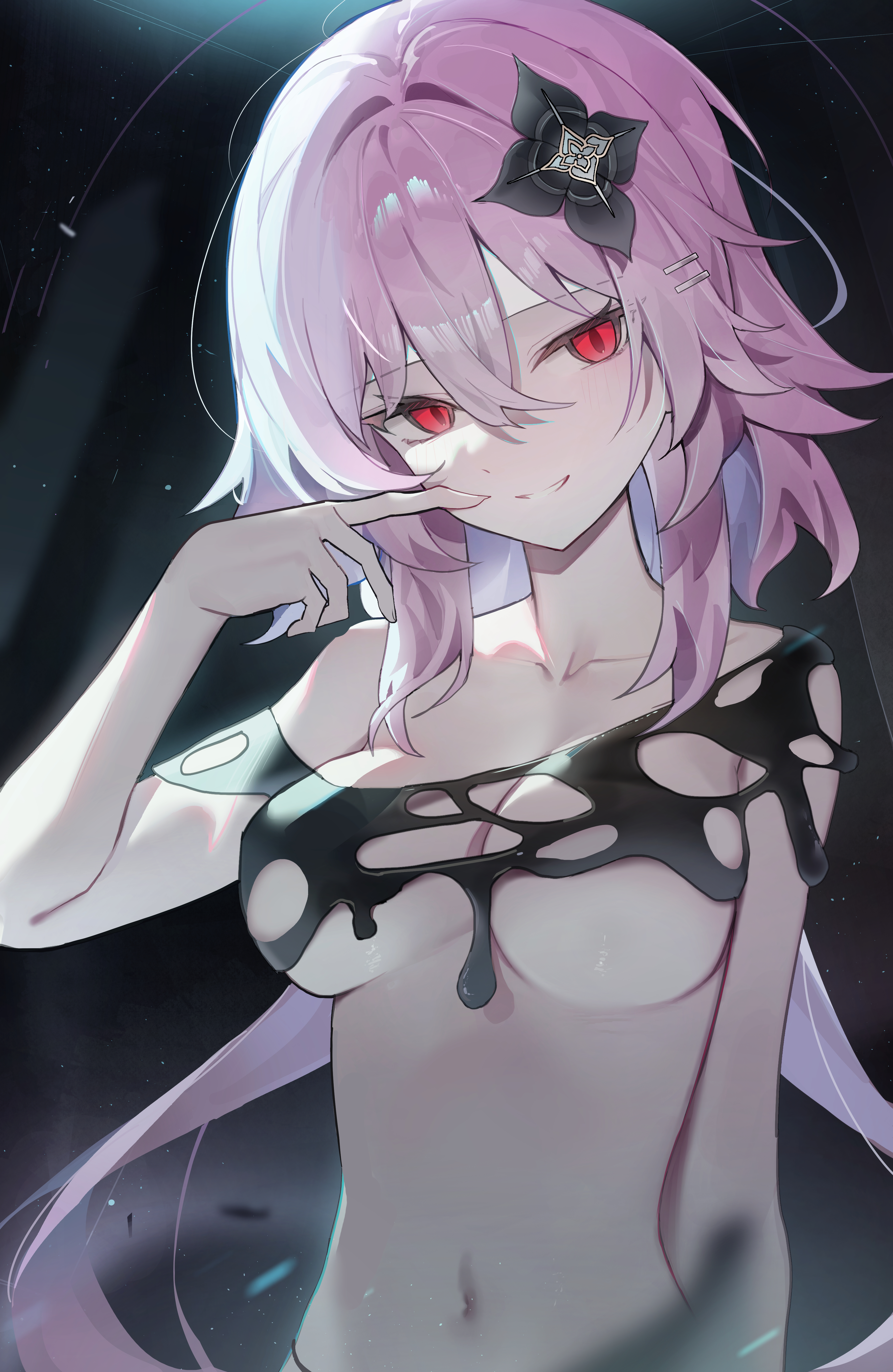 huu (dighapdlxm12), evernight (honkai: star rail), march 7th (honkai: star rail), honkai: star rail, honkai (series), absurdres, commentary, highres, revision, 1girl, bare shoulders, black flower, breasts, collarbone, dark background, flower, hair between eyes, hair flower, hair ornament, hairclip, large breasts, long hair, looking at viewer, navel, parallel hairclips, parted lips, pink hair, red eyes, smile, solo, stomach, underboob, upper body