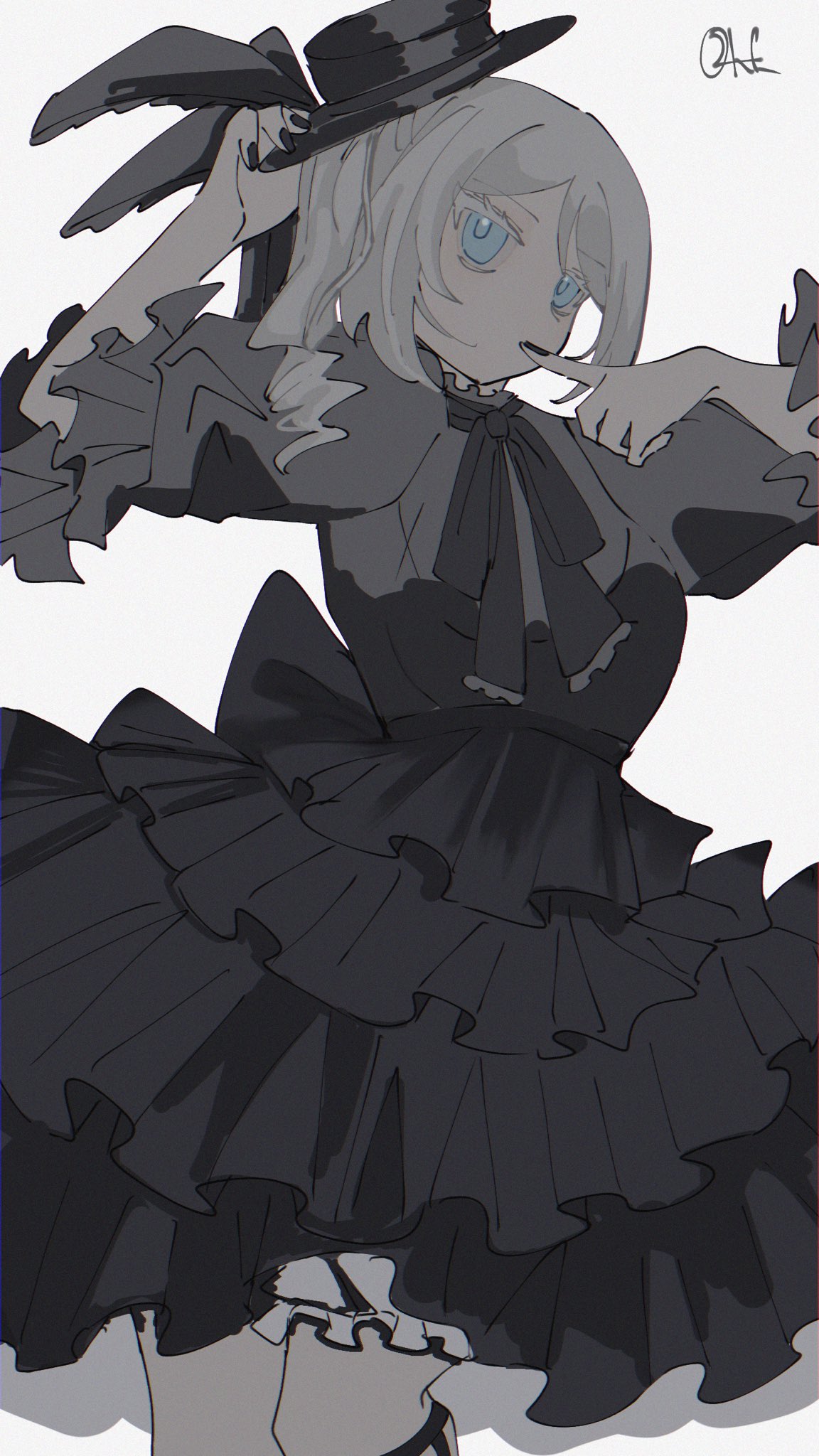 02kf, faust (project moon), limbus company, project moon, highres, 1girl, alternate costume, black bow, black dress, black hat, black nails, blue eyes, bow, dress, frilled dress, frills, hat, hat ribbon, looking at viewer, ribbon, short hair, side ponytail, simple background, solo, standing, upper body, white background, white hair