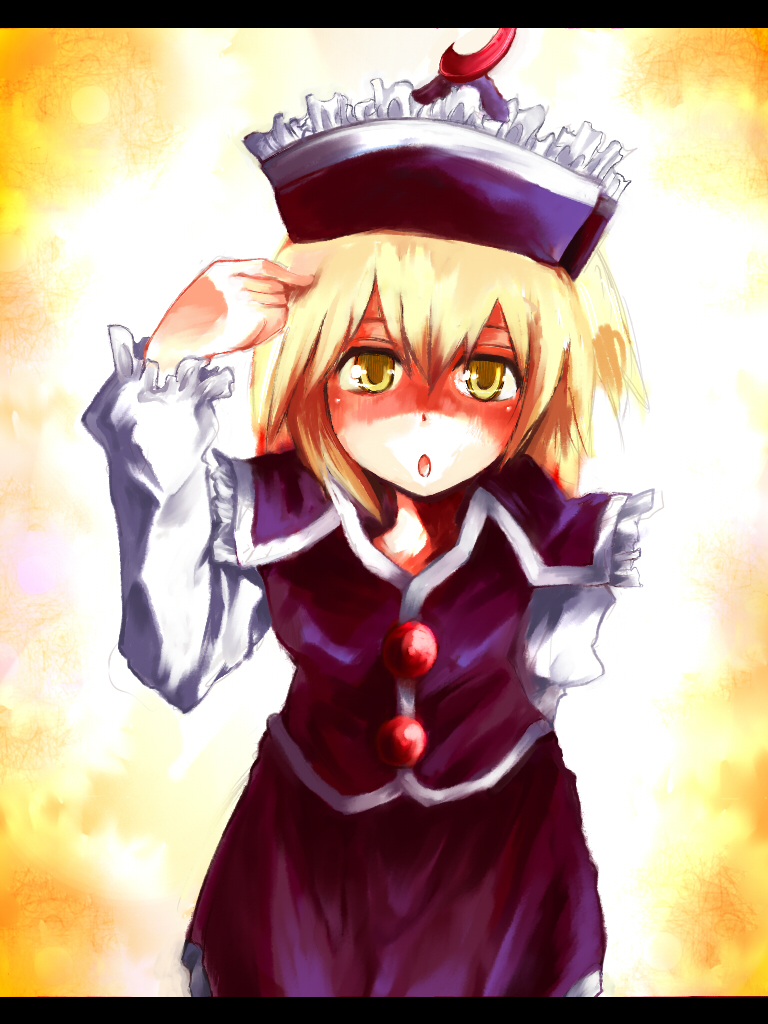 harusame (unmei no ikasumi), lunasa prismriver, touhou, 1girl, blonde hair, female focus, hat, letterboxed, pointing, short hair, solo, yellow eyes