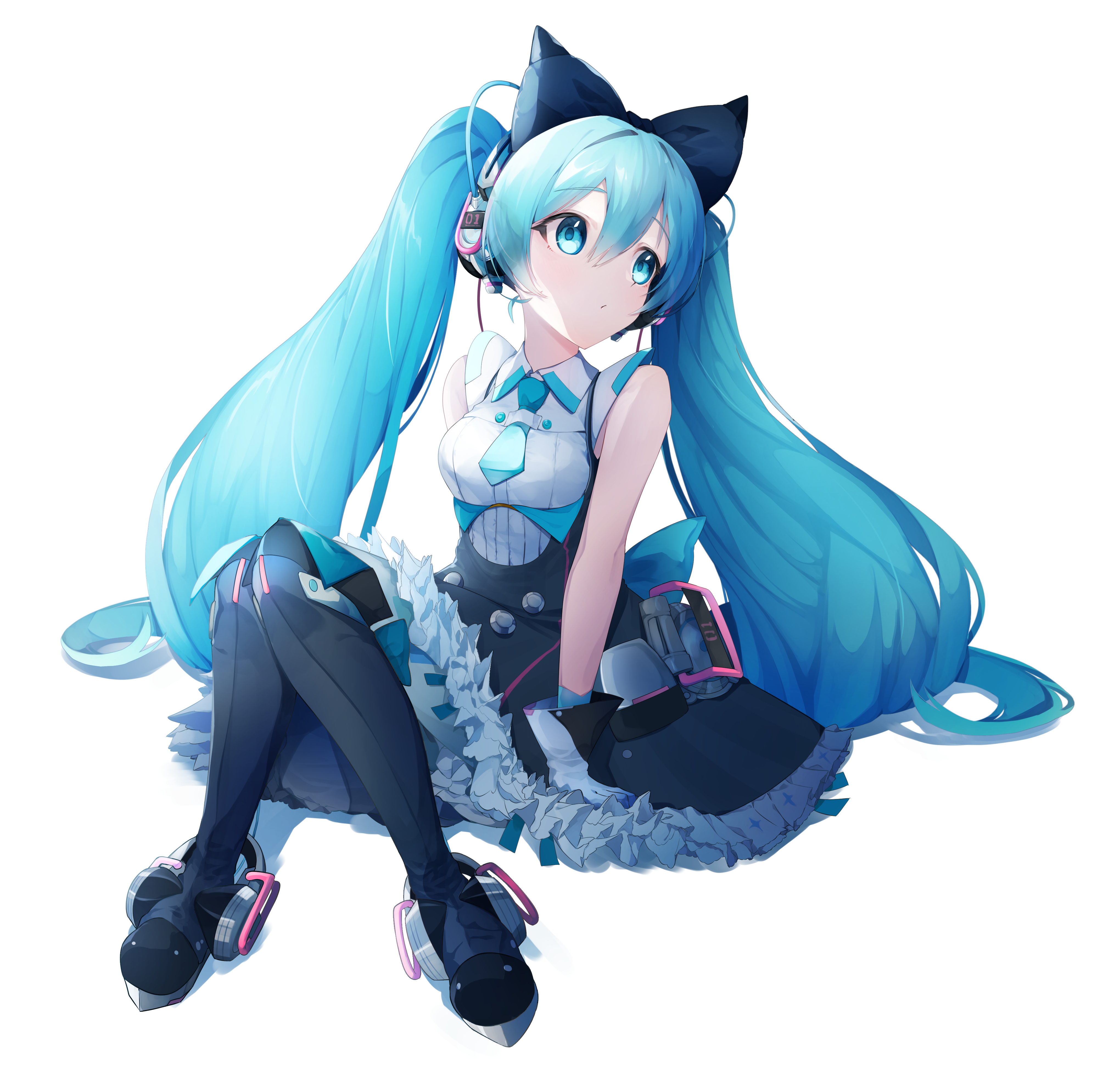 ketyara, hatsune miku, magical mirai miku, magical mirai miku (2016), magical mirai (vocaloid), vocaloid, absurdres, highres, 1girl, aqua eyes, aqua hair, aqua necktie, black pantyhose, black skirt, bow, breasts, dress, gloves, hair between eyes, hair bow, hair ornament, headset, long hair, medium breasts, necktie, official alternate costume, official alternate hairstyle, pantyhose, skirt, sleeveless, sleeveless dress, solo, twintails, very long hair, white dress, white gloves