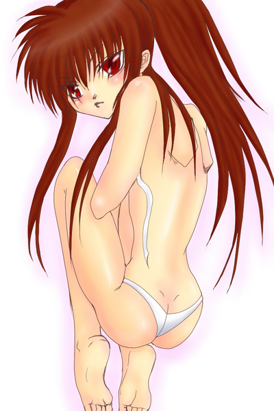 daruma (artist), natsume rin, little busters!, pixiv sample, resized, barefoot, blush, bra, brown hair, frown, lingerie, long hair, nude, panties, ponytail, red eyes, underwear