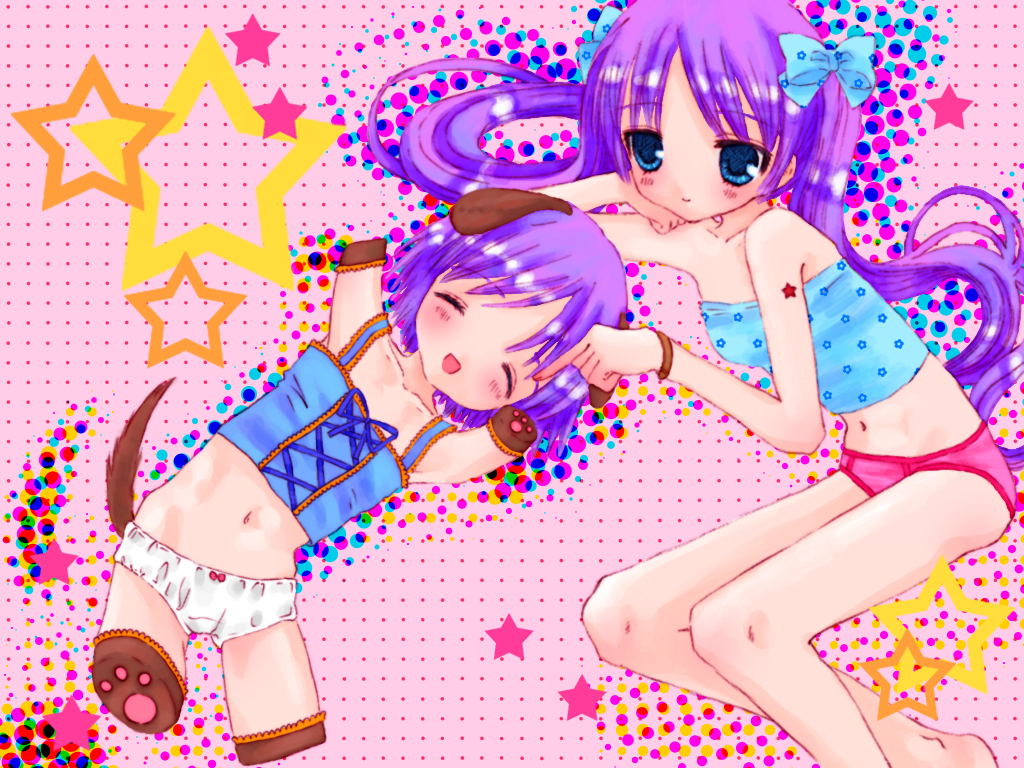 hiiragi kagami, hiiragi tsukasa, lucky star, 00s, amputee, animal ears, animal hands, blue eyes, closed eyes, dog ears, dog tail, happy, loli, long hair, panties, purple hair, quadruple amputee, short hair, siblings, sisters, tail, twintails, underwear