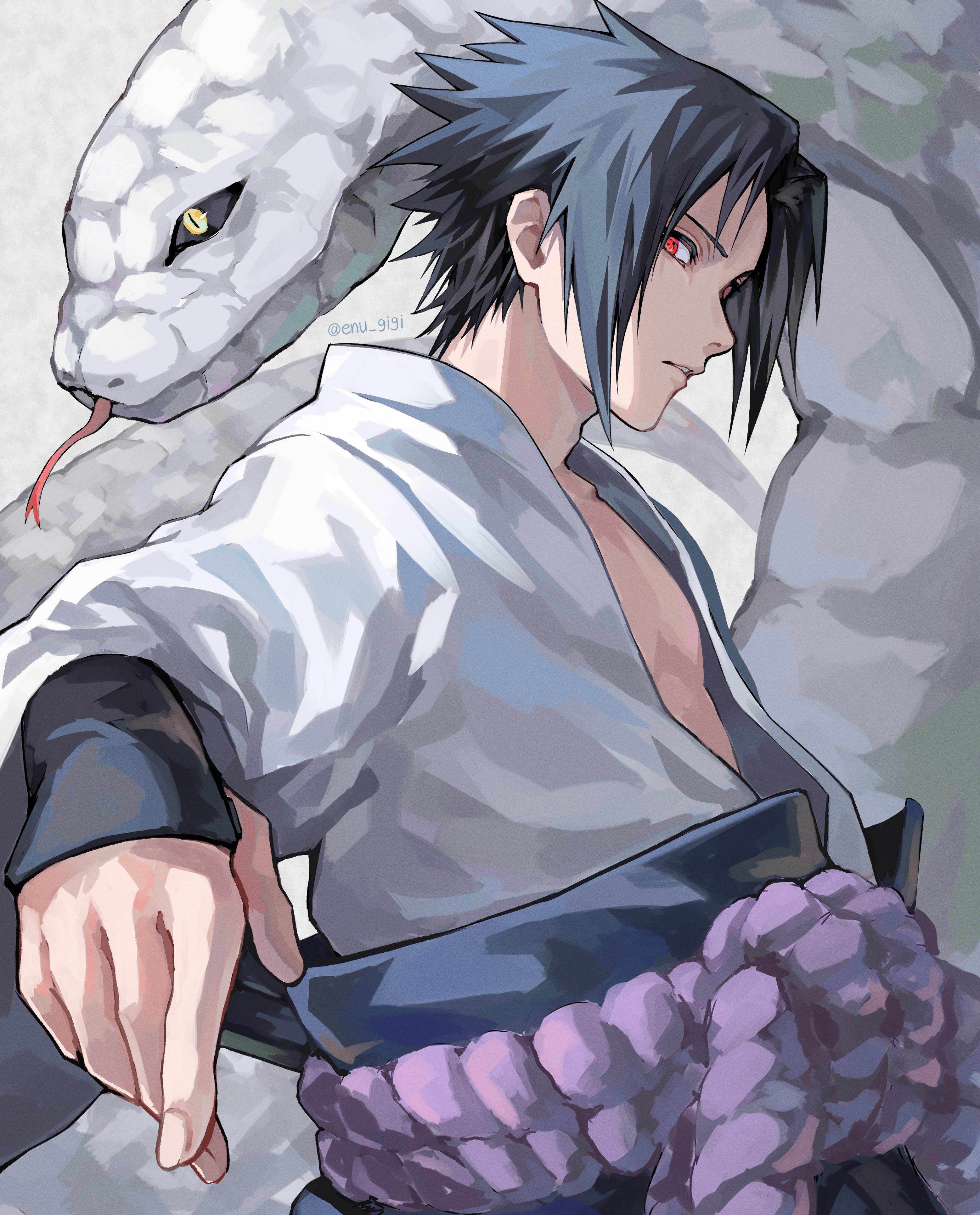 uchiha sasuke, naruto (series), absurdres, commentary, highres, symbol-only commentary, 1boy, animal, black hair, closed mouth, enu gigi, giant snake, looking at viewer, male focus, oversized animal, red eyes, sharingan, short hair, snake, solo, teeth, twitter username, upper body, white snake