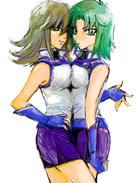 seika hinata, marufuji ryo, tenjouin fubuki, yu-gi-oh!, yu-gi-oh! gx, bad id, bad pixiv id, gender request, 2girls, breast press, breasts, brown eyes, brown hair, cosplay, female focus, genderswap, gloves, green eyes, green hair, multiple girls, obelisk blue uniform, pencil skirt, school uniform, serafuku, short hair, simple background, skirt, symmetrical docking, tenjouin fubuki (cosplay)