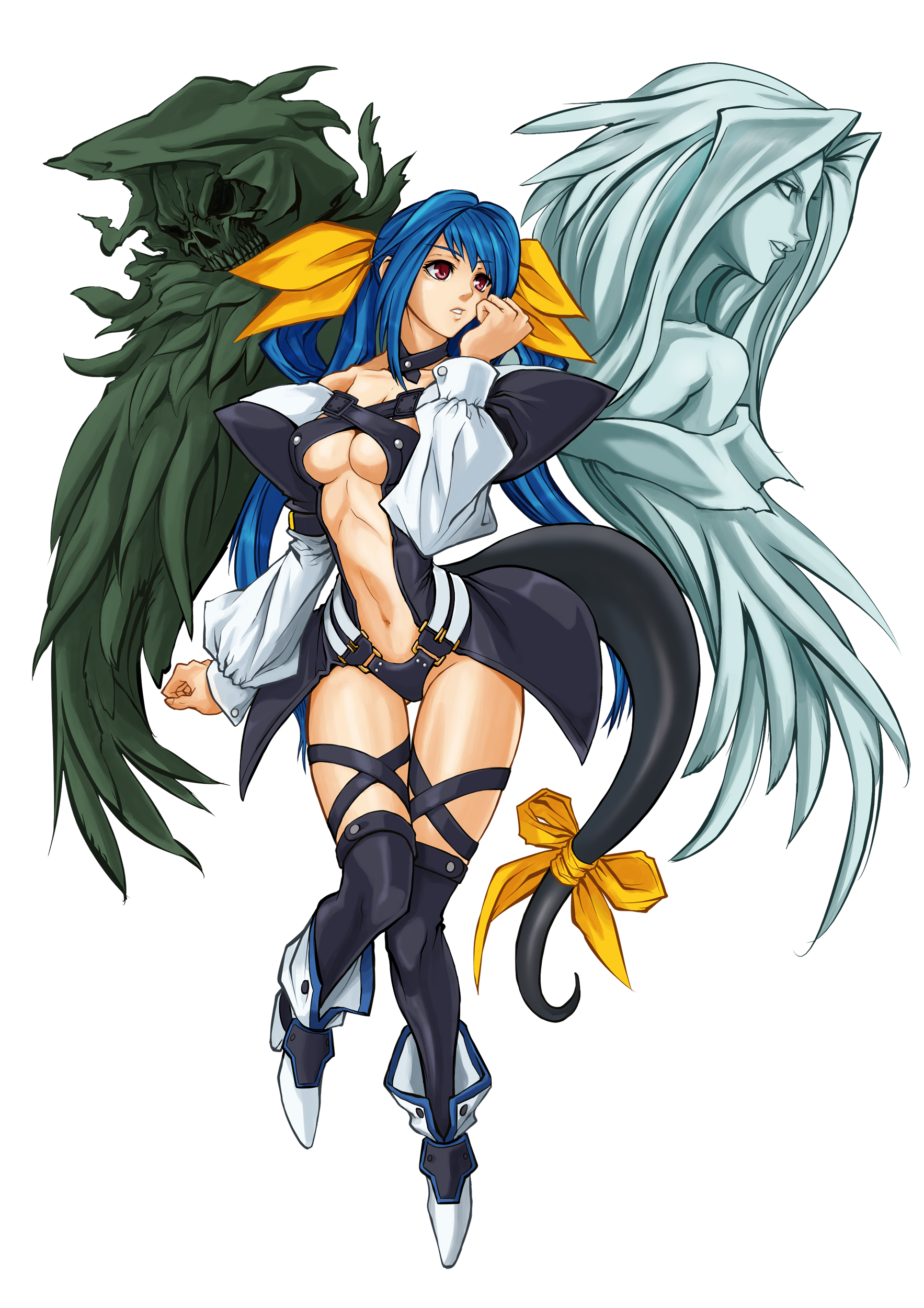 dizzy (guilty gear), necro (guilty gear), undine (guilty gear), arc system works, guilty gear, guilty gear x, guilty gear xx, absurdres, highres, non-web source, official art, 1girl, asymmetrical wings, blue hair, breasts, choker, hair ribbon, large breasts, navel, red eyes, ribbon, skull, tail, tail ornament, tail ribbon, thighhighs, underboob, wings
