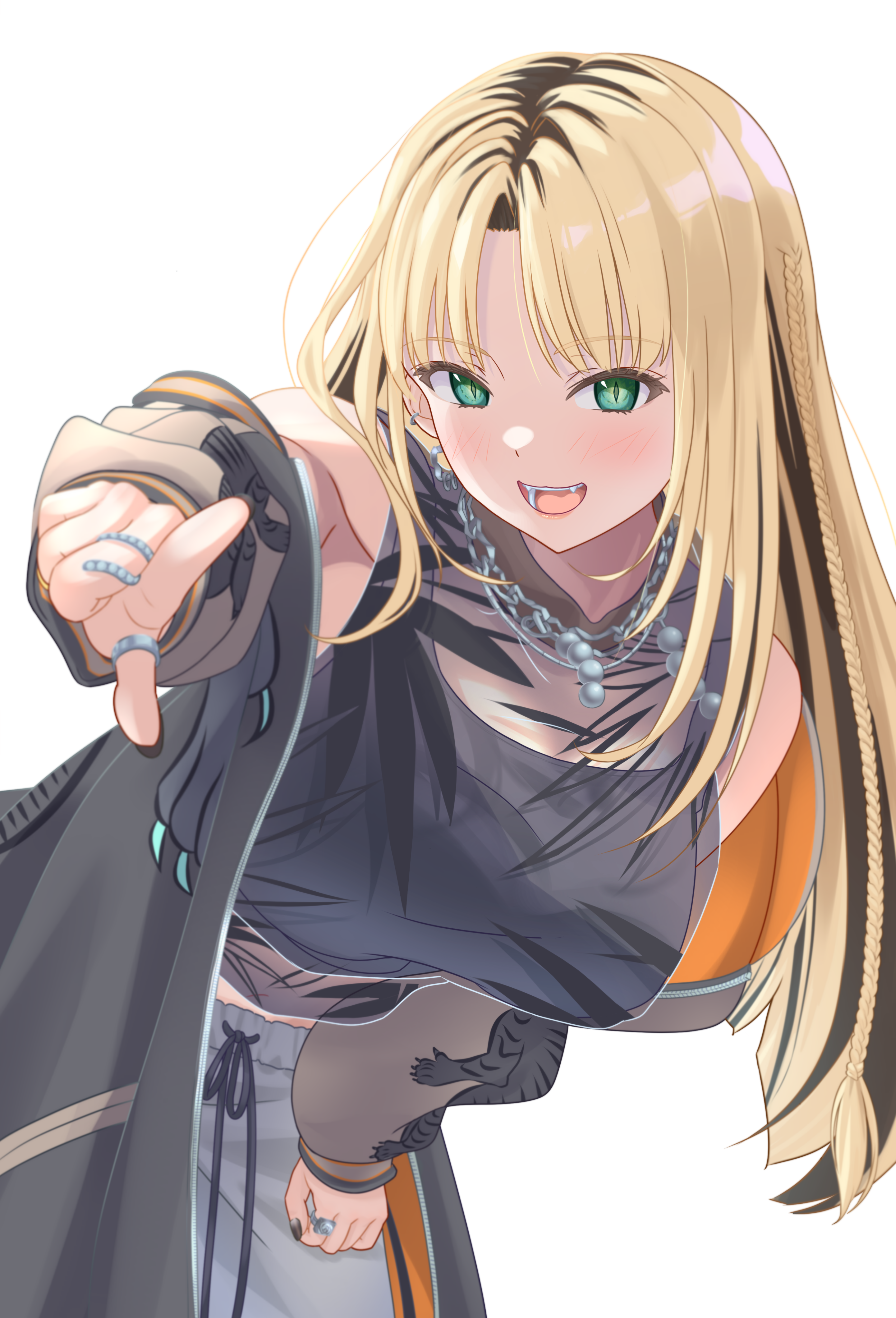lemon pool, koganei niko, hololive, hololive dev is, absurdres, highres, 1girl, bare shoulders, black hair, black jacket, black nails, blonde hair, blue pants, green eyes, jacket, long hair, looking at viewer, multicolored hair, nail polish, open mouth, pants, pointing, pointing at viewer, smile, solo, streaked hair, teeth, virtual youtuber, yellow-framed eyewear