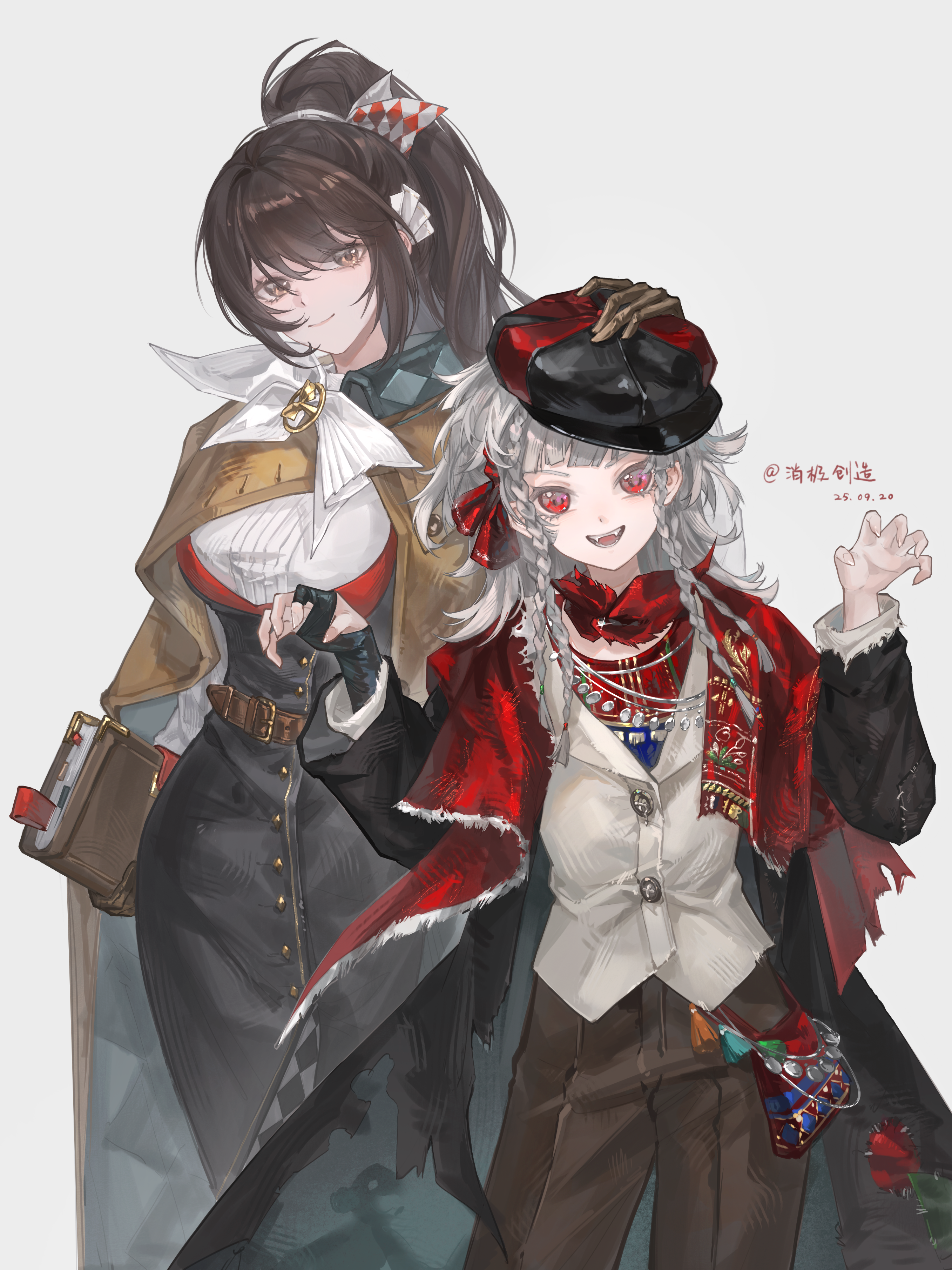 xiaoji chuangzao, rubuska, semmelweis (reverse:1999), reverse:1999, absurdres, highres, 2girls, :d, artist name, black coat, black gloves, black hair, black skirt, brown cape, brown eyes, brown hair, brown pants, cape, claw pose, closed mouth, coat, cowboy shot, dated, fangs, fingerless gloves, gloves, hand on another's head, hands up, hat, holding, holding notebook, jacket, jewelry, long hair, long skirt, looking at viewer, multiple girls, neckerchief, necklace, newsboy cap, notebook, open mouth, pants, pencil skirt, ponytail, red eyes, red scarf, scarf, shirt, single glove, skirt, smile, teeth, white background, white hair, white jacket, white neckerchief, white shirt