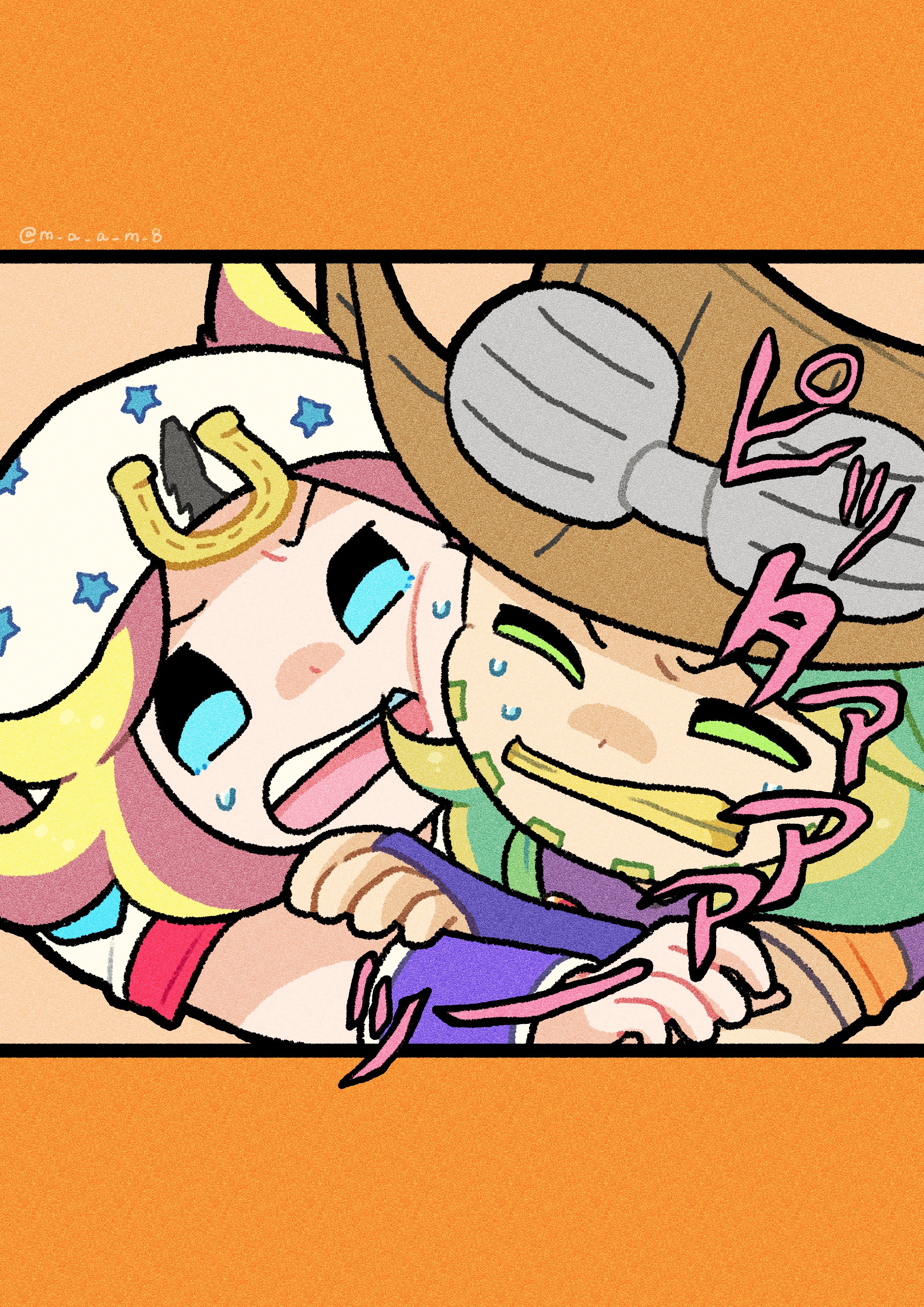 m a a m 8, gyro zeppeli, johnny joestar, jojo no kimyou na bouken, steel ball run, absurdres, commentary, highres, symbol-only commentary, 2boys, beanie, beard, blonde hair, blue arm warmers, blue bridal gauntlets, blue eyes, border, bridal gauntlets, brown hat, cheek-to-cheek, cheek press, chibi, chibi only, clenched teeth, cowboy hat, facial hair, goggles, goggles on headwear, gold teeth, green eyes, hat, heads together, horseshoe hat ornament, horseshoe ornament, male focus, medium hair, multiple boys, open mouth, orange border, orange sleeves, purple shirt, purple sleeves, red sleeves, shirt, short sleeves, star (symbol), star print, sweat, teeth, two-tone sleeves, white hat, white sleeves
