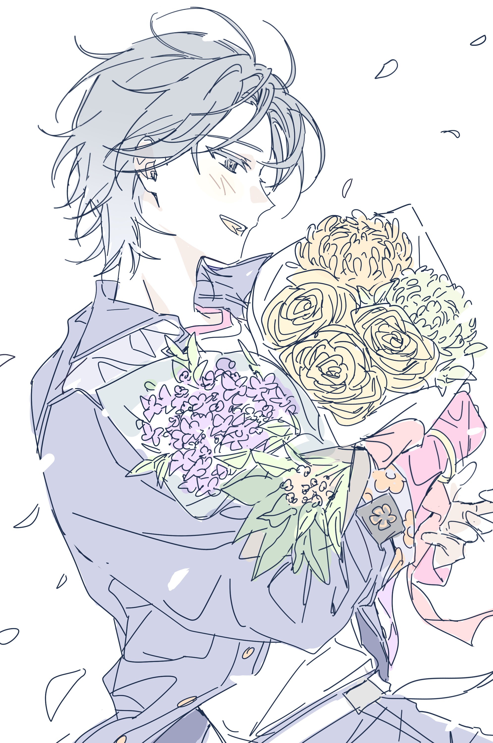 18trip, absurdres, highres, 1boy, belt, blush, bouquet, buttons, collared jacket, facing to the side, falling petals, floral print, flower, gold buttons, grey eyes, grey hair, hachinoya nagi, hamunicetrip, holding, holding bouquet, hugging object, jacket, long sleeves, lower body, multicolored hair, multicolored jacket, open clothes, open jacket, open mouth, pants, petals, purple flower, shirt, short hair, smile, solo, underwear, white background, white shirt, yellow flower