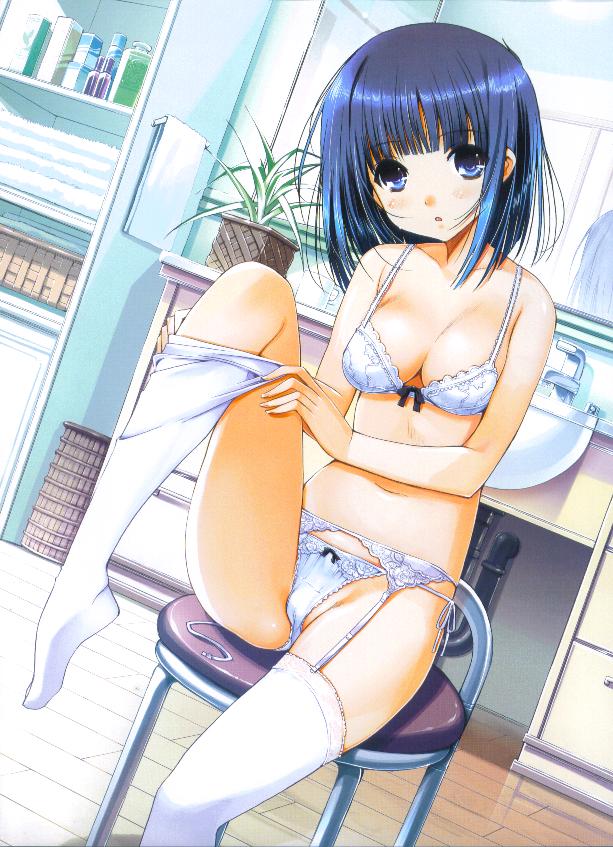 kiya shii, dengeki, jpeg artifacts, 1girl, blue eyes, blue hair, bow, bow bra, bow panties, bra, breasts, female focus, garter belt, lingerie, matching hair/eyes, mirror, moe (phrase), panties, short hair, sitting, solo, thighhighs, underwear, underwear only, undressing, white bra, white panties, white thighhighs
