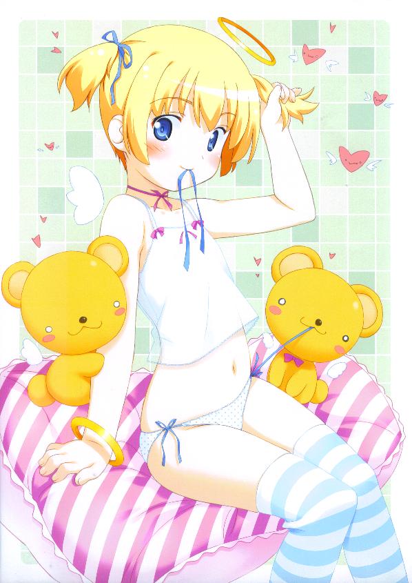 kuuchuu yousai, kero (cardcaptor sakura), cardcaptor sakura, dengeki, 1990s (style), 1girl, angel, angel wings, blonde hair, blue eyes, blush, female focus, halo, loli, moe (phrase), panties, retro artstyle, solo, underwear, wings