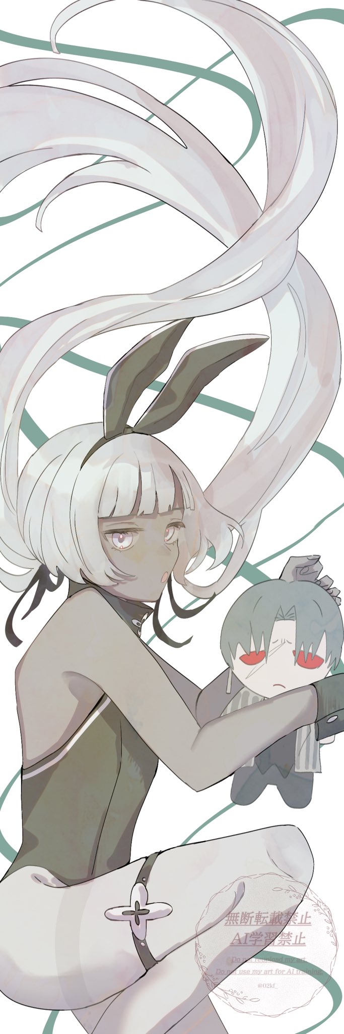 02kf, charon (project moon), vergilius (project moon), limbus company, project moon, highres, 1girl, :o, alternate costume, animal ear hairband, animal ears, black ribbon, character doll, doll, fake animal ears, grey eyes, grey hair, grey leotard, hair ribbon, hairband, leotard, long hair, looking at viewer, low twintails, pantyhose, playboy bunny, rabbit ear hairband, rabbit ears, red eyes, ribbon, simple background, solo, standing, strapless, strapless leotard, twintails, upper body, white background, white hair, white pantyhose, wrist cuffs