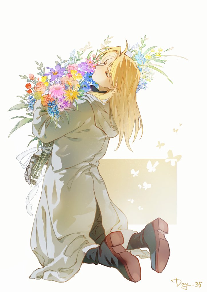 xue ezi, edward elric, fullmetal alchemist, 1boy, black boots, boots, bouquet, bug, butterfly, closed eyes, coat, flower, from behind, full body, holding, holding bouquet, hood, hooded coat, insect, kneeling, long hair, male focus, mechanical arms, single mechanical arm, solo, white background, white coat