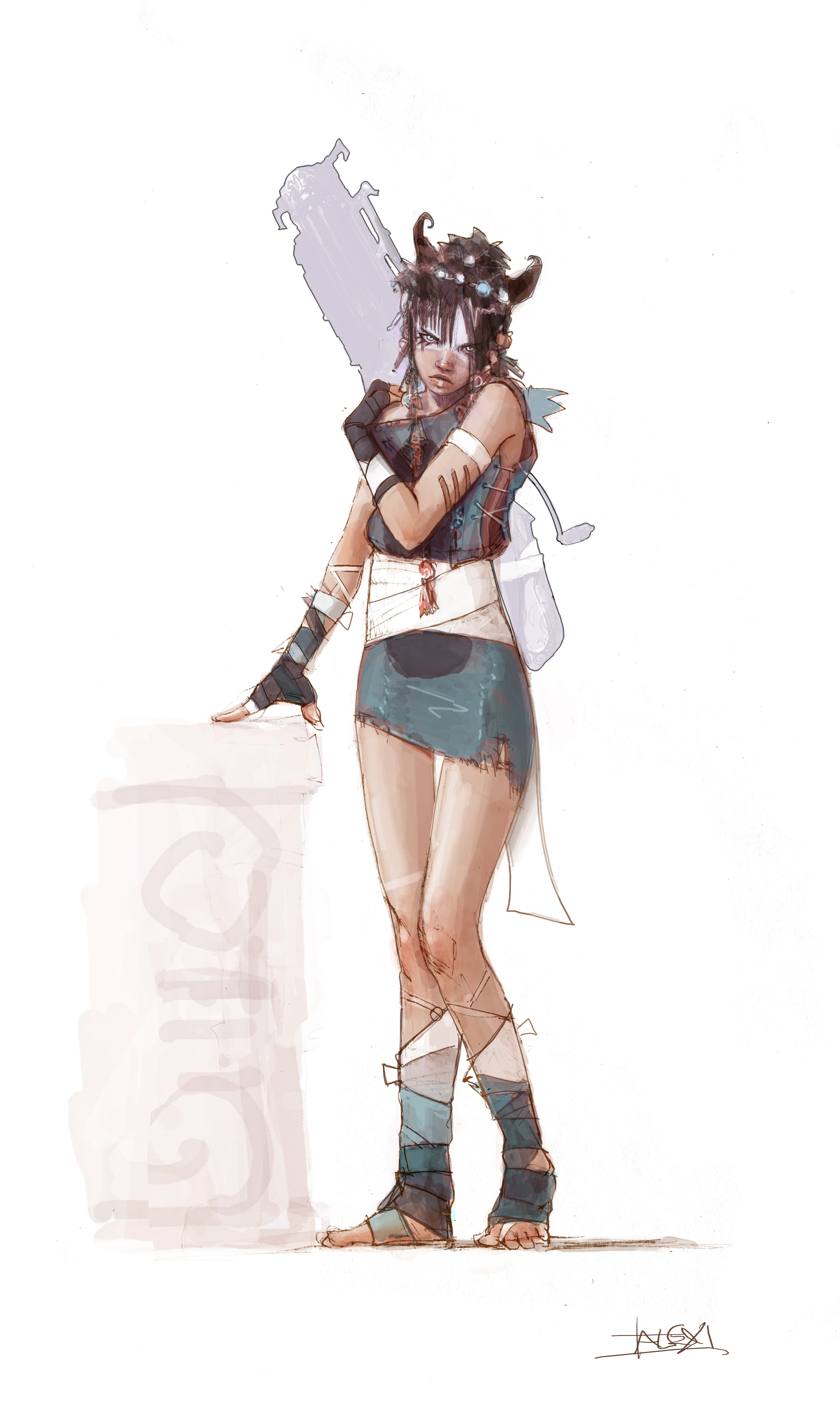 kai (heavenly sword), heavenly sword, absurdres, concept art, highres, official art, 1girl, blue eyes, bow (weapon), brown hair, crossbow, facepaint, female focus, hair ornament, pencil skirt, skirt, solo, talexi (artist), weapon