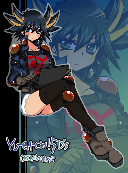 mariru, fudo yusei, yu-gi-oh!, yu-gi-oh! 5d's, gender request, 00s, black hair, blue eyes, blush, boots, breasts, computer, genderswap, gloves, jacket, laptop, multicolored hair, short hair