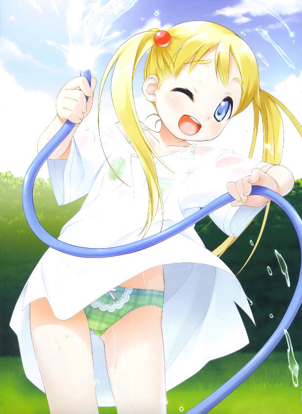dengeki, jpeg artifacts, 1girl, ;d, blonde hair, blue eyes, bow, bow panties, day, female focus, green panties, hair bobbles, hair ornament, hose, looking at viewer, moe (phrase), one eye closed, open mouth, panties, plaid clothes, plaid panties, see-through clothes, shirt, sky, smile, solo, twintails, underwear, water, wet, wet clothes, white shirt