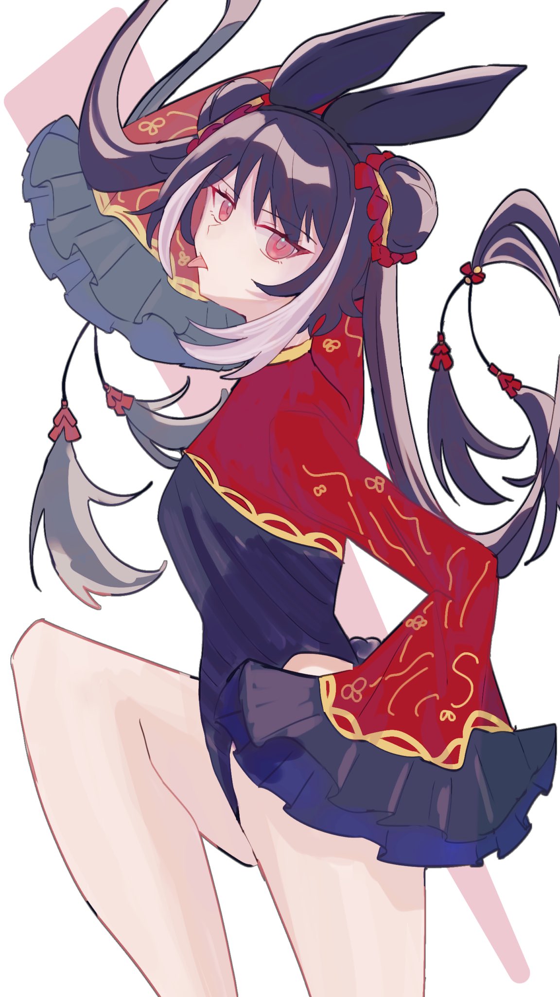 02kf, jia xichun (project moon), limbus company, project moon, highres, 1girl, :p, alternate costume, animal ear hairband, animal ears, bare legs, black hair, black leotard, double bun, fake animal ears, hair bun, hairband, leotard, long hair, long sleeves, looking at viewer, multicolored hair, pink eyes, playboy bunny, rabbit ear hairband, rabbit ears, rabbit tail, red shrug, shrug (clothing), simple background, solo, standing, strapless, strapless leotard, streaked hair, tail, tongue, tongue out, twintails, upper body, white background, white streaks