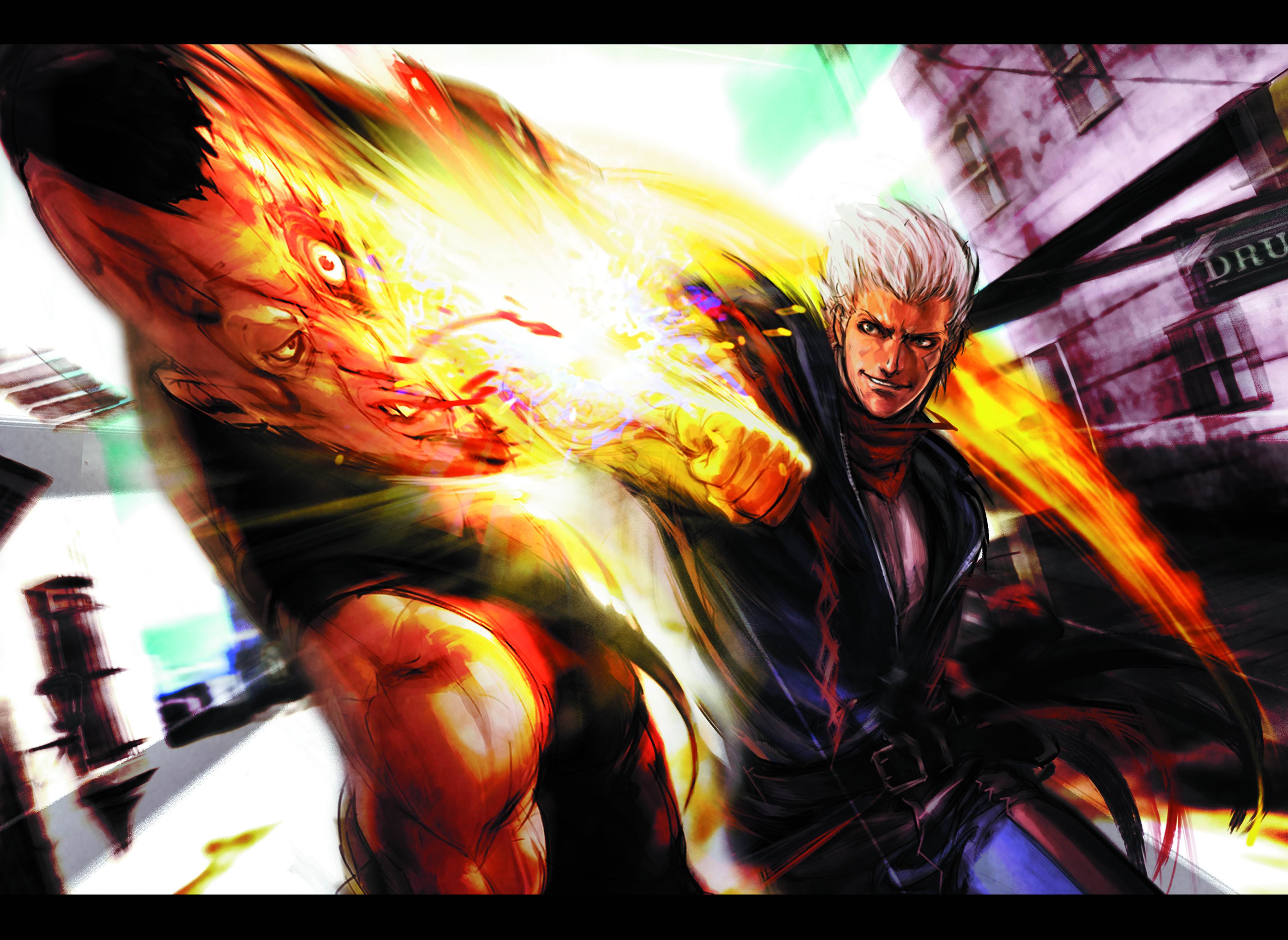 gene (god hand), capcom, god hand, absurdres, highres, official art, battle, letterboxed, male focus, punching, smile, solo
