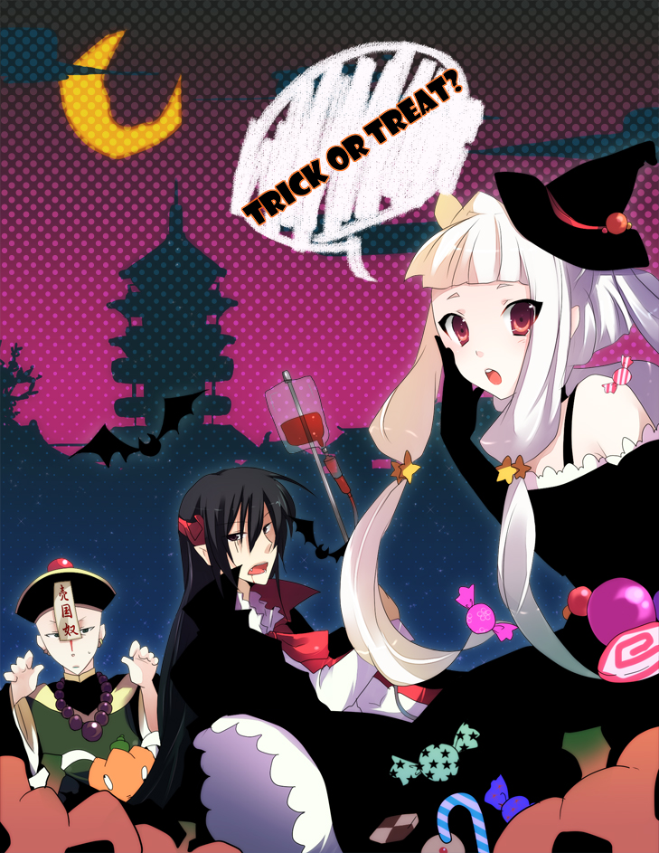 kurohara yuu, gao hai, li xingke, tianzi, code geass, silver hair, 00s, 1girl, 2boys, black hair, chinese clothes, dress, halloween, hat, jack-o'-lantern, long hair, moon, multiple boys, pumpkin, red eyes, trick or treat, twintails, witch, witch hat
