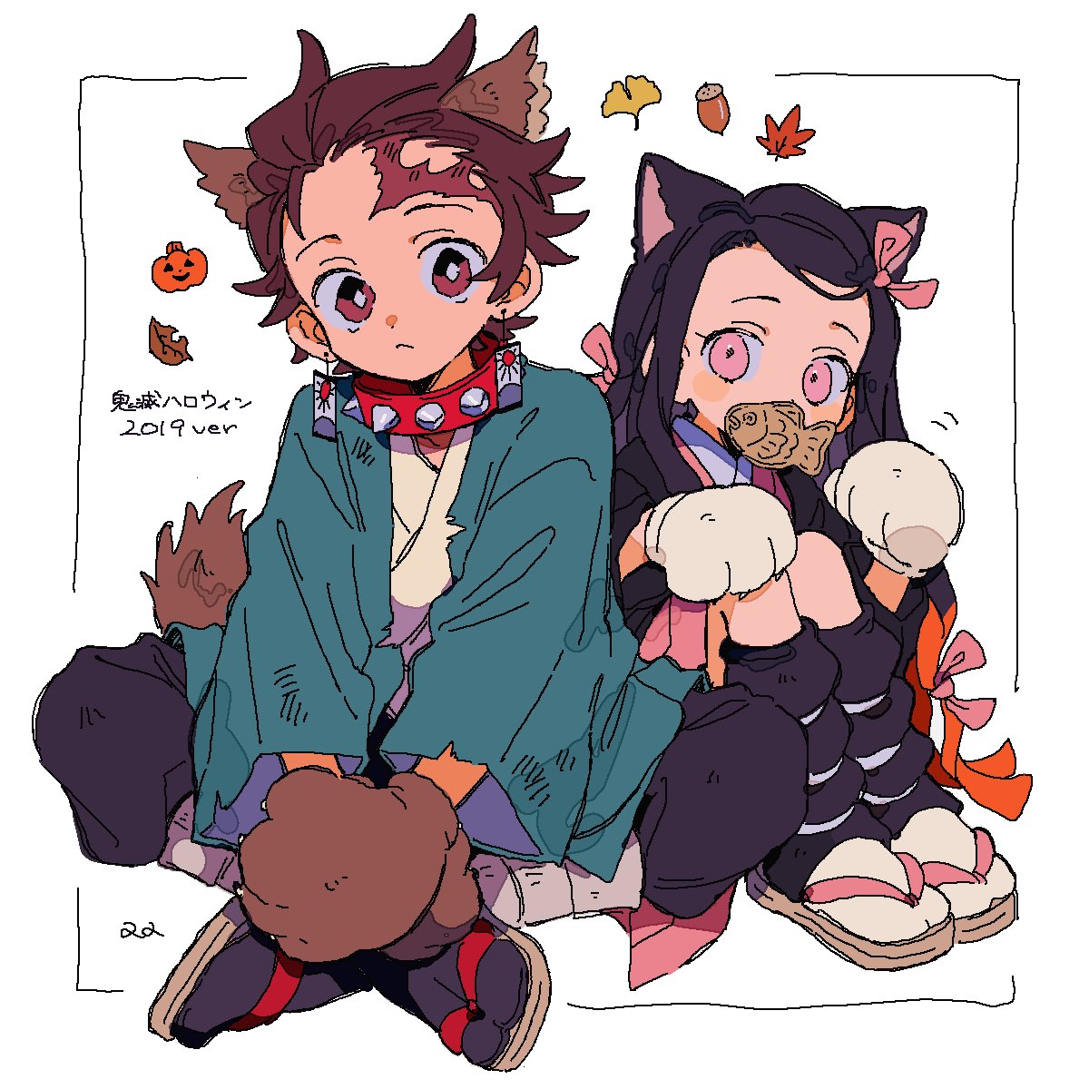 zettai 22, kamado nezuko, kamado tanjirou, kimetsu no yaiba, highres, 1boy, 1girl, alternate costume, animal ears, animal hands, black socks, bright pupils, brown eyes, brown hair, cat boy, cat ears, cat girl, closed mouth, earrings, gloves, hanafuda earrings, japanese clothes, jewelry, kimono, long hair, looking at viewer, mouth hold, paw gloves, pink eyes, pink kimono, sandals, sitting, socks, white pupils, white socks, wide sleeves