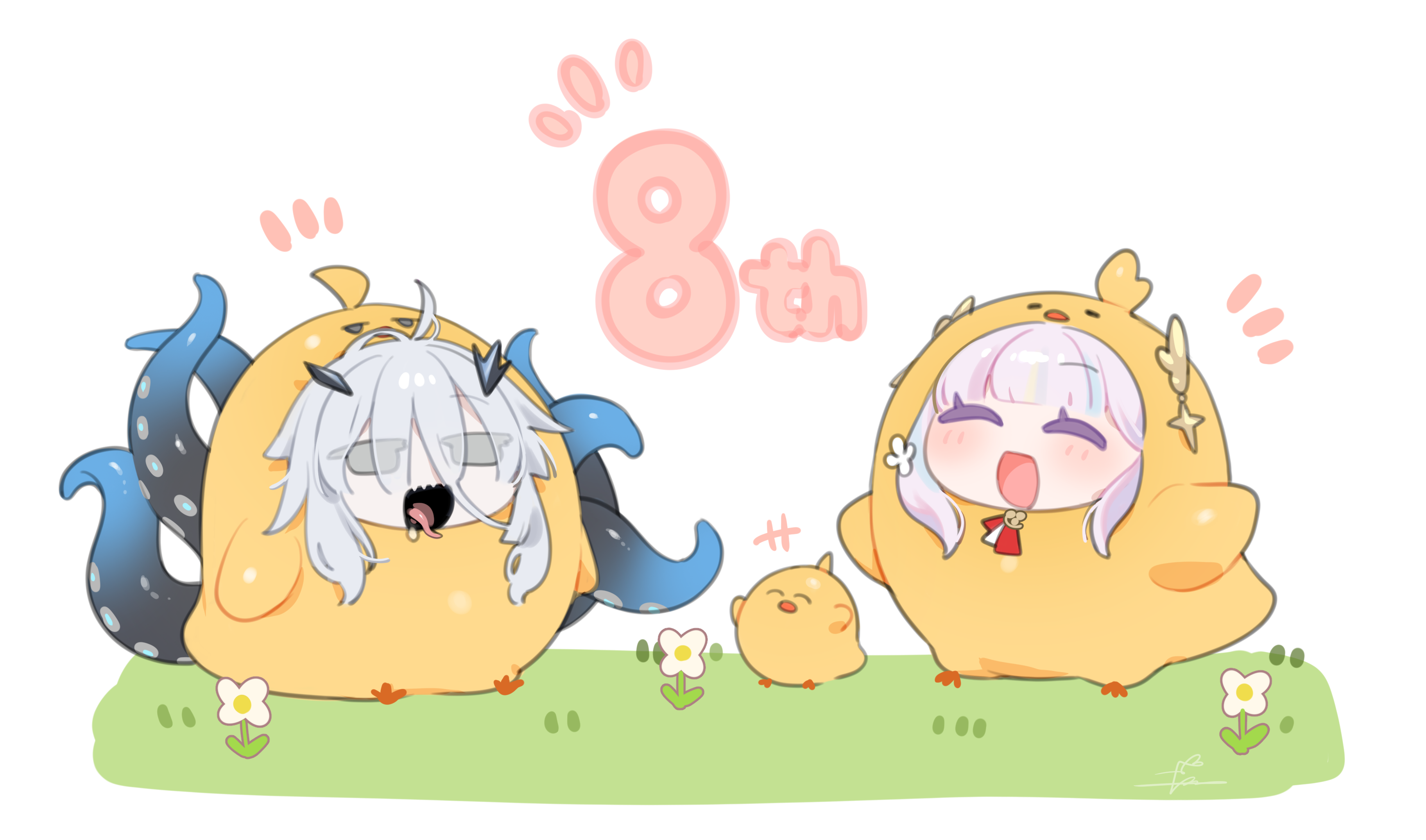 ohisashiburi, fancy (azur lane), manjuu (azur lane), plymouth (azur lane), azur lane, absurdres, highres, :d, anniversary, chibi, chibi only, closed eyes, cosplay, fang, flower, grey eyes, light blush, manjuu (azur lane) (cosplay), messy hair, notice lines, open mouth, pink hair, simple background, skin fang, smile, tentacle tongue, tentacles, tongue, tongue out, white background, white flower, white hair