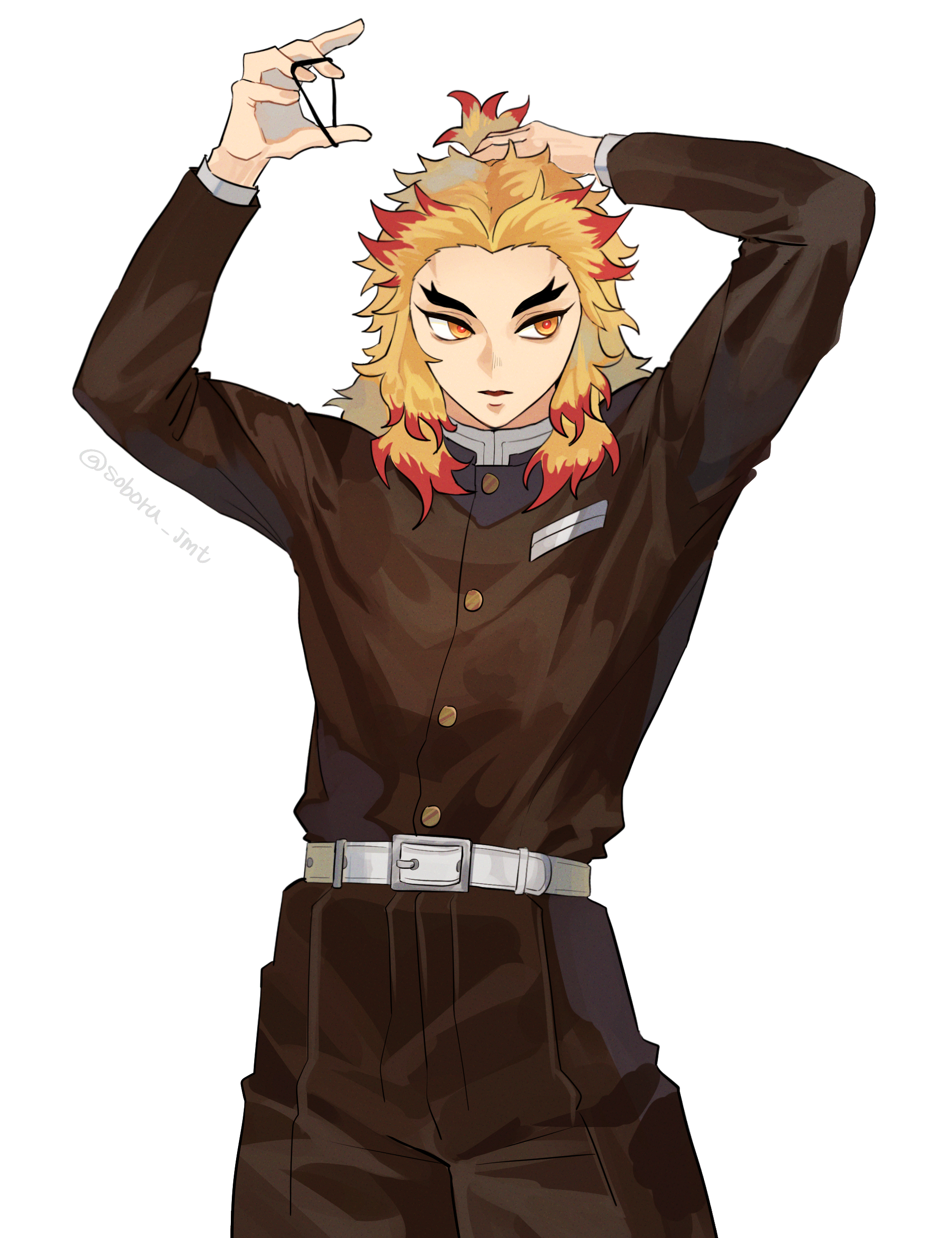rengoku kyoujurou, kimetsu no yaiba, absurdres, highres, 1boy, arms up, belt, black jacket, black pants, blonde hair, buttons, cowboy shot, demon slayer uniform, gold buttons, jacket, looking to the side, male focus, multicolored hair, pants, red hair, simple background, soboru jmt, solo, spiked hair, standing, two-tone hair, white background, white belt