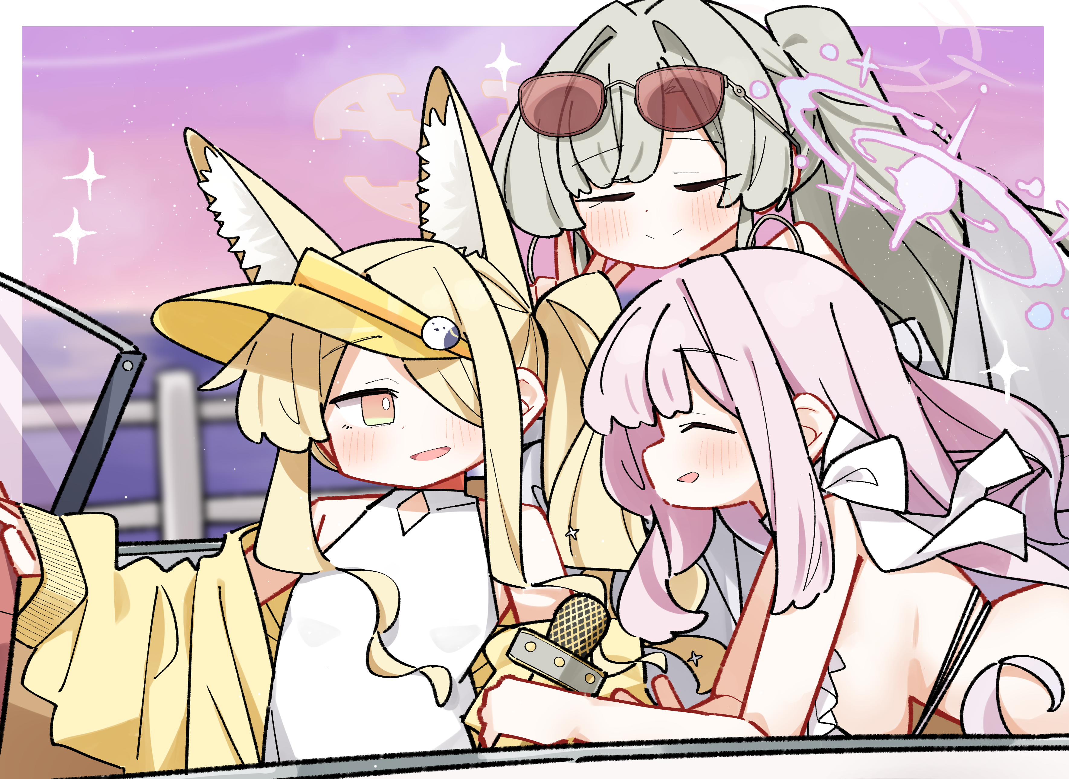 dash b, mika (blue archive), mika (swimsuit) (blue archive), nagisa (blue archive), nagisa (swimsuit) (blue archive), seia (blue archive), seia (swimsuit) (blue archive), blue archive, absurdres, commentary request, highres, 3girls, :d, animal ear fluff, animal ears, bare arms, bare shoulders, bikini, blonde hair, blurry, blurry background, blush, breasts, brown-tinted eyewear, car, closed eyes, closed mouth, cloud, depth of field, driving, eyewear on head, fox ears, grey hair, hair intakes, hair over one eye, halo, holding, holding microphone, jacket, large breasts, long hair, long sleeves, microphone, motor vehicle, multiple girls, off shoulder, one-piece swimsuit, open clothes, open jacket, open mouth, pink hair, ponytail, puffy long sleeves, puffy sleeves, railing, side ponytail, sky, smile, sparkle, sunglasses, sunset, swimsuit, tinted eyewear, very long hair, white bikini, white one-piece swimsuit, yellow jacket