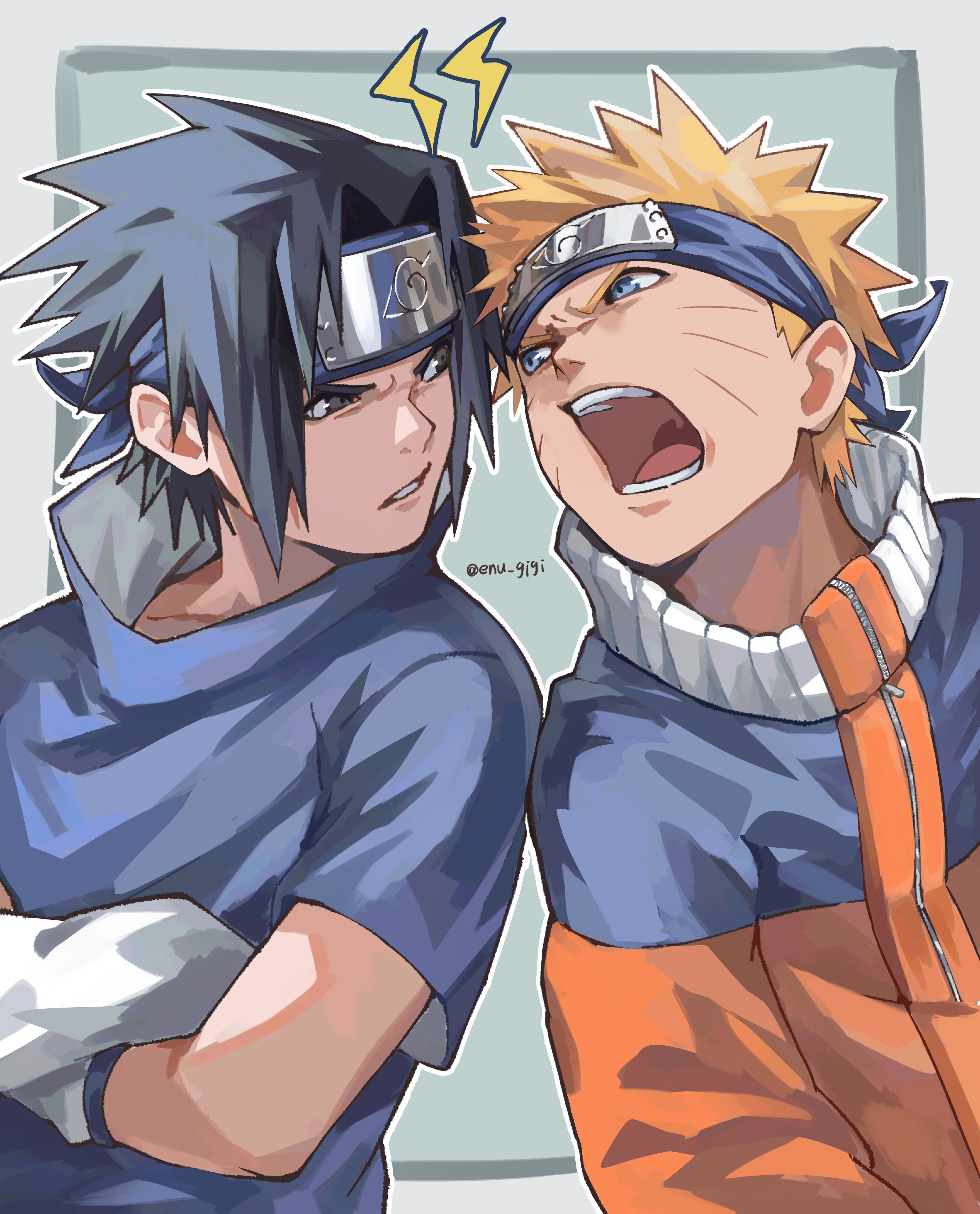 uchiha sasuke, uzumaki naruto, naruto (classic), naruto (series), absurdres, commentary, highres, symbol-only commentary, 2boys, black eyes, black hair, blonde hair, blue eyes, crossed arms, enu gigi, facial mark, forehead protector, konohagakure symbol, looking at another, male focus, multiple boys, open mouth, short hair, teeth, twitter username, upper body, whisker markings