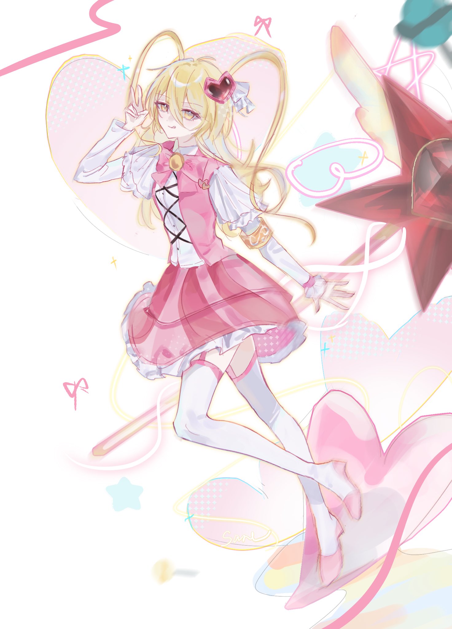 don quixote (project moon), limbus company, project moon, highres, 1girl, :p, armband, blonde hair, bow, bowtie, e.g.o (project moon), full body, hair ornament, heart, heart hair ornament, in the name of love and hate (e.g.o), long hair, long sleeves, looking at viewer, orange armband, pink bow, pink bowtie, pink garter straps, pink shoes, pink skirt, pink vest, shoes, simple background, skirt, smile, solo, standing, sysy1820989, thighhighs, tongue, tongue out, two side up, v, vest, white background, white thighhighs, winged wand, yellow eyes