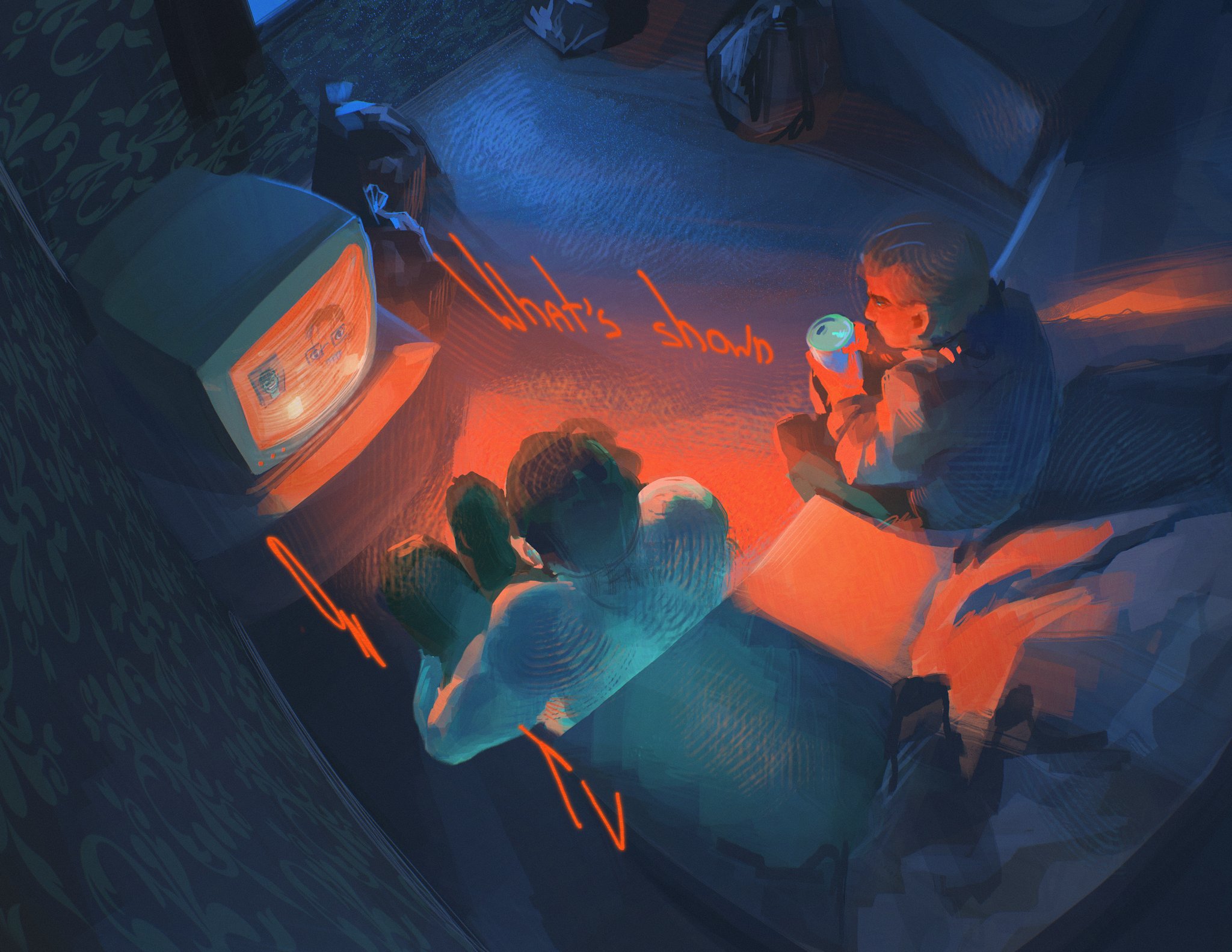 highres, 2boys, black hair, couch, cup, doggamia, english text, from above, holding, holding cup, hugging own legs, indoors, male focus, multiple boys, no i'm not a human, on couch, short hair, sweater, television, topless male, trash bag, wallpaper (object), watching television