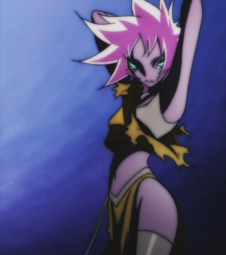 araki shingo, umakoshi yoshihiko, sophita, casshern (series), casshern sins, anime screenshot, non-web source, stitched, third-party edit, 00s, 1girl, female focus, green eyes, pelvic curtain, pink hair, solo, sword, torn clothes, weapon