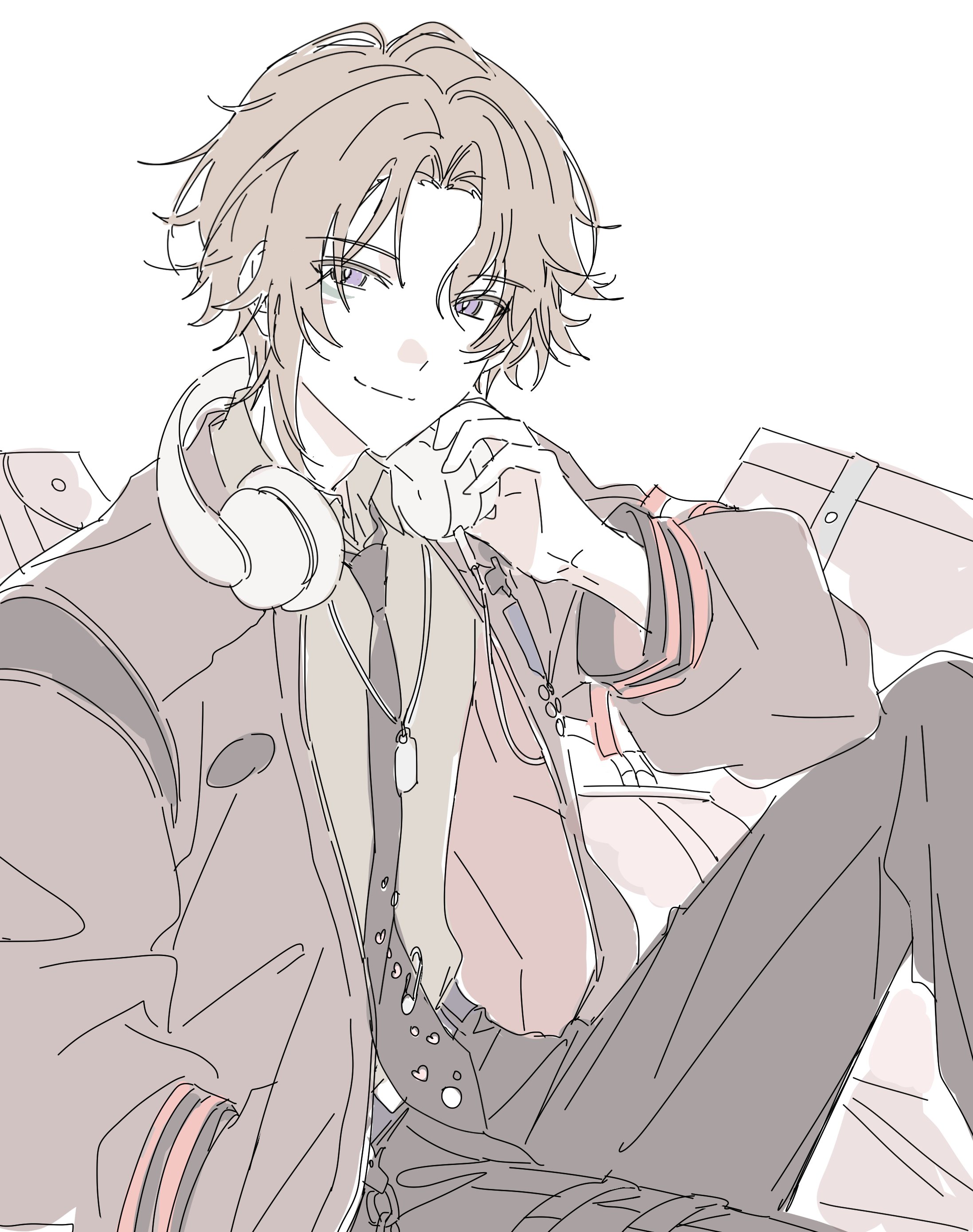 18trip, absurdres, highres, 1boy, asymmetrical bangs, bag, black necktie, black pants, brown hair, chain, collared shirt, dog tags, hair intakes, hamunicetrip, headphones, headphones around neck, holding, jacket, jewelry, long necktie, looking at viewer, lower body, nanamegi nanaki, necklace, necktie, open clothes, open jacket, pants, parted bangs, purple eyes, shirt, short hair, single sidelock, sitting, sleeve cuffs, smile, solo, suitcase, wallet chain, white background