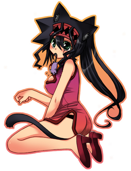 mariru, otogi ryuuji, yu-gi-oh!, yu-gi-oh! duel monsters, bad id, bad pixiv id, 1girl, animal ears, black hair, breasts, cat ears, cat tail, china dress, chinese clothes, dress, female focus, genderswap, genderswap (mtf), green eyes, large breasts, long hair, mouse (animal), panties, sitting, solo, tail, underwear