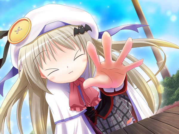 noumi kudryavka, little busters!, silver hair, blonde hair, blue eyes, buttons, cape, closed eyes, fang, hat, large buttons, long hair, plaid clothes, plaid skirt, reaching, ribbon, school uniform, serafuku, skirt