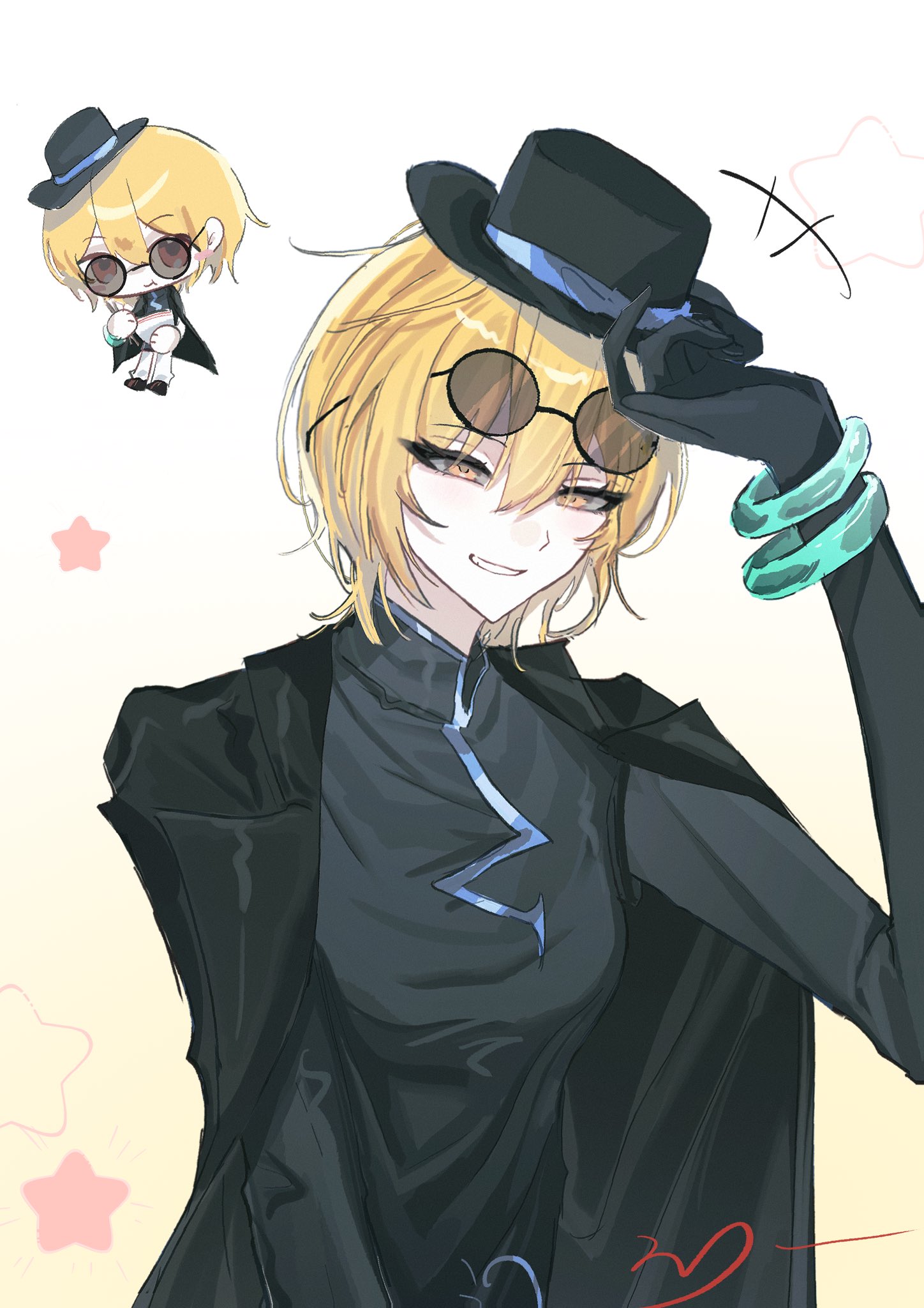 don quixote (project moon), limbus company, project moon, highres, 1girl, black coat, black dress, black gloves, black hat, blonde hair, chibi, chibi inset, china dress, chinese clothes, cinq association east uniform, coat, coat on shoulders, dress, gloves, hat, jade bracelet, looking at viewer, partially opaque sunglasses, round eyewear, short hair, simple background, smile, solo, star (symbol), sunglasses, sysy1820989, tinted eyewear, upper body, yellow background, yellow eyes