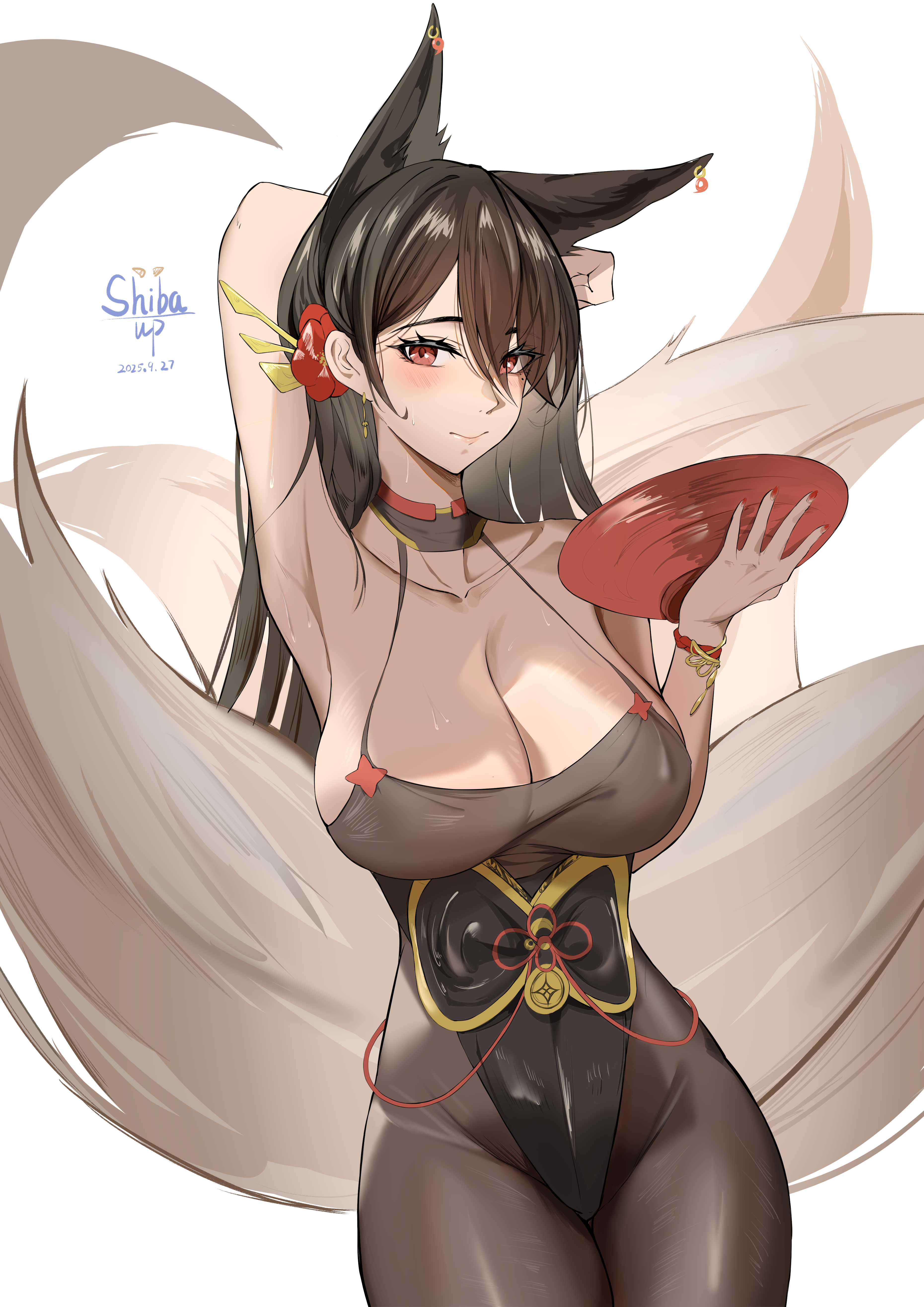 oumi (azur lane), azur lane, absurdres, highres, 1girl, animal ears, arm behind head, armpits, black hair, black pantyhose, blush, bracelet, breasts, cleavage, closed mouth, collarbone, cup, dated, earrings, fox ears, fox girl, fox tail, groin, holding, holding cup, huge breasts, jewelry, lips, long hair, looking at viewer, pantyhose, red eyes, red nails, sakazuki, shiba up, signature, solo, tail