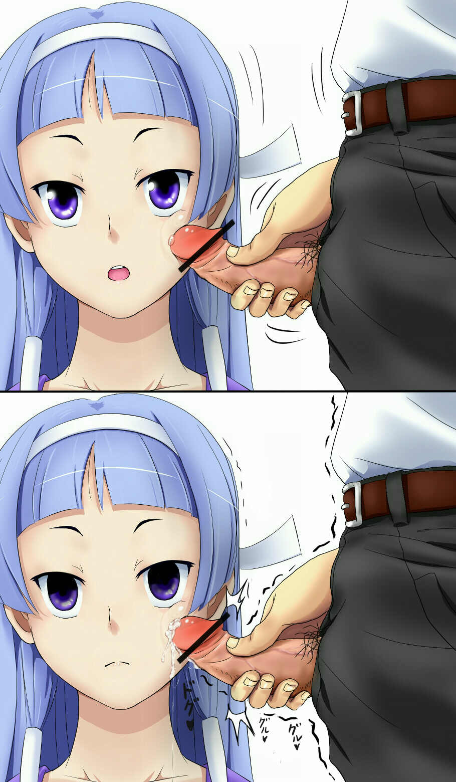 ameyoii, nagi, kannagi, bad id, bad pixiv id, highres, 00s, 1boy, 1girl, bad aim, bar censor, belt, blue eyes, blue hair, blunt bangs, bored, censored, cheek poking, comic, cum, cum on body, cum string, ejaculation, emotionless sex, empty eyes, erection, expressionless, facejob, facial, hair tubes, hairband, long hair, male pubic hair, open mouth, penis, penis on face, poking, precum, pubic hair, school uniform, serafuku, trembling