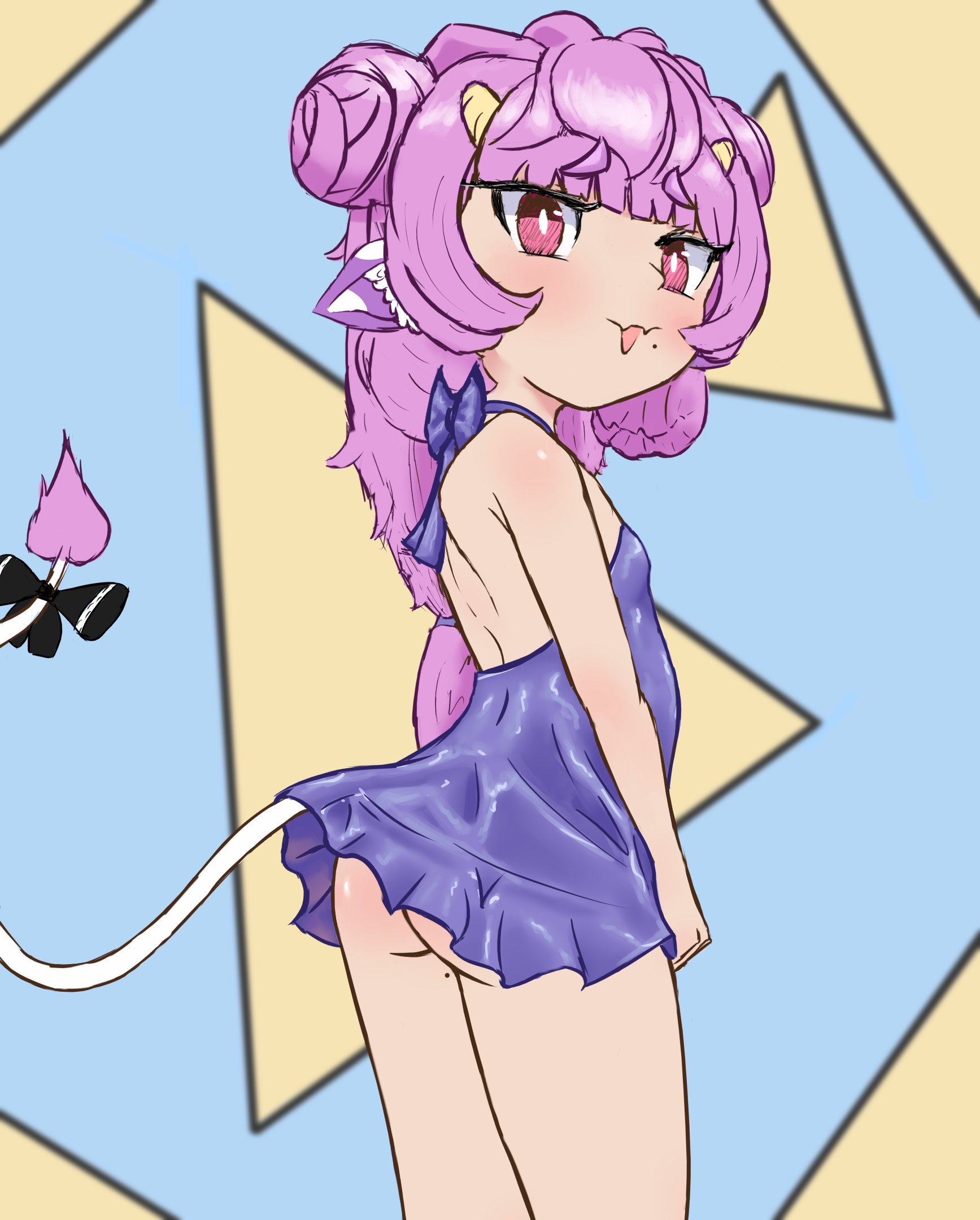 silent tassel, muu muyu, phase connect, 1girl, animal ears, ass, bare shoulders, bow, cow ears, cow tail, double bun, dress, fang, flat chest, hair bun, horns, long hair, looking at viewer, mole, pink eyes, purple hair, skin fang, solo, tail, upskirt, virtual youtuber